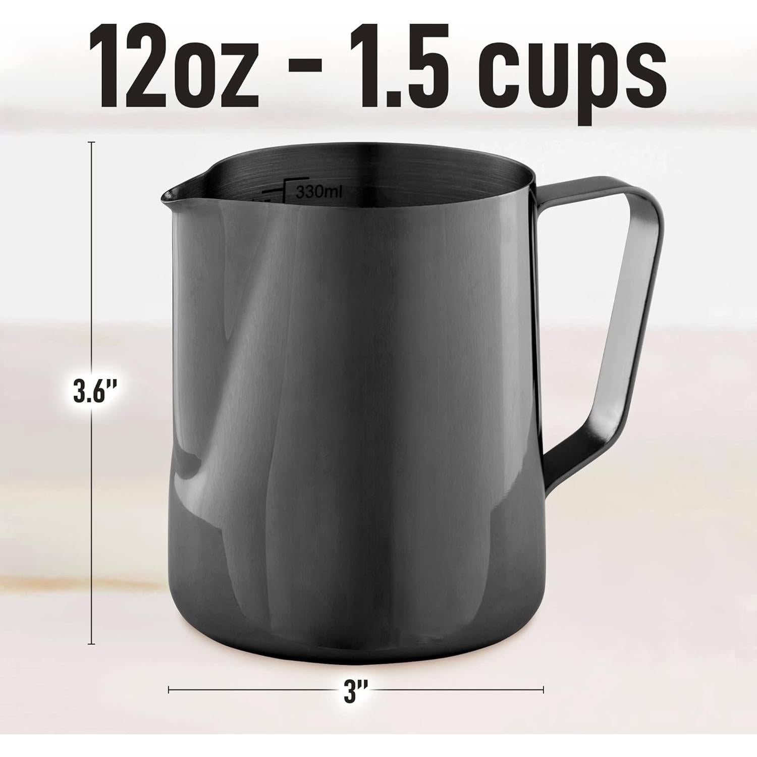 Zulay Milk Frother Cup 350ml/600ml/950ml (12oz/20oz/32oz) - Stainless Steel Frothing Pitcher With Laser-Welded Handle & Precise Measurement Markings - Black - 12oz