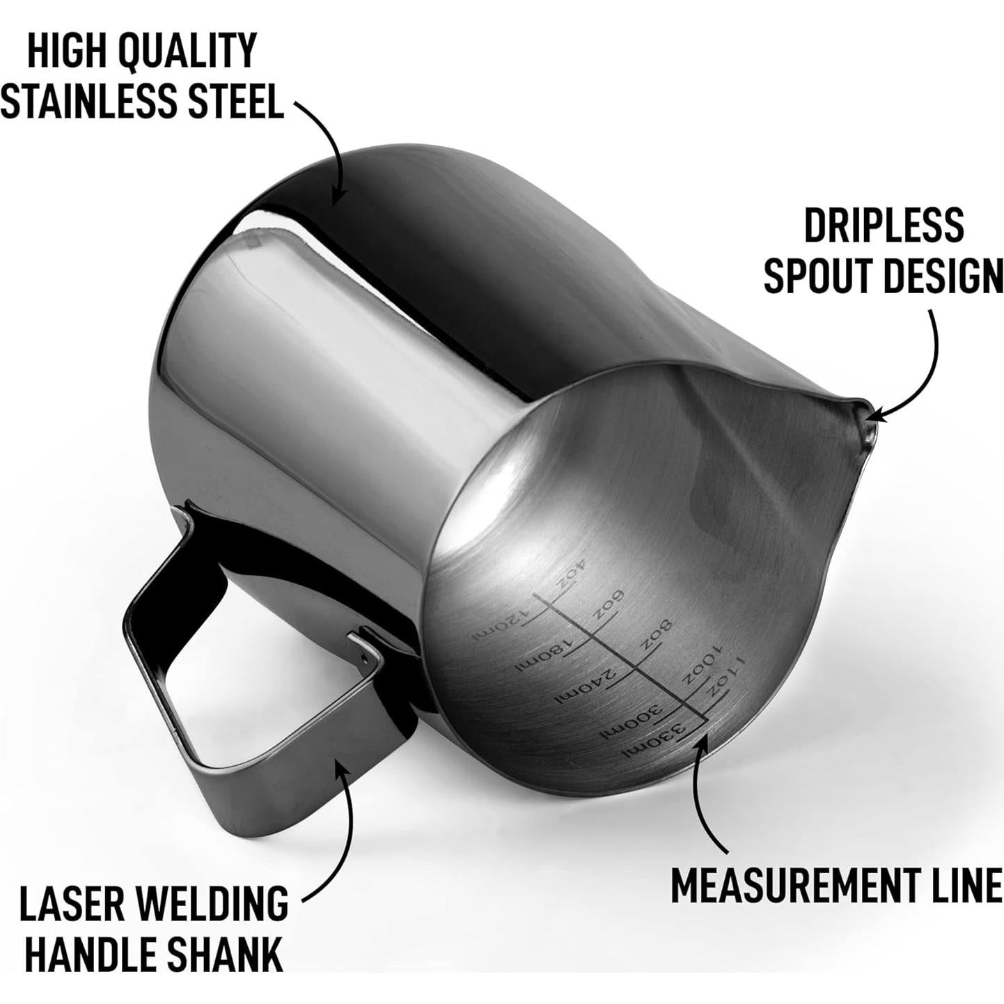 Zulay Milk Frother Cup 350ml/600ml/950ml (12oz/20oz/32oz) - Stainless Steel Frothing Pitcher With Laser-Welded Handle & Precise Measurement Markings - Black - 12oz