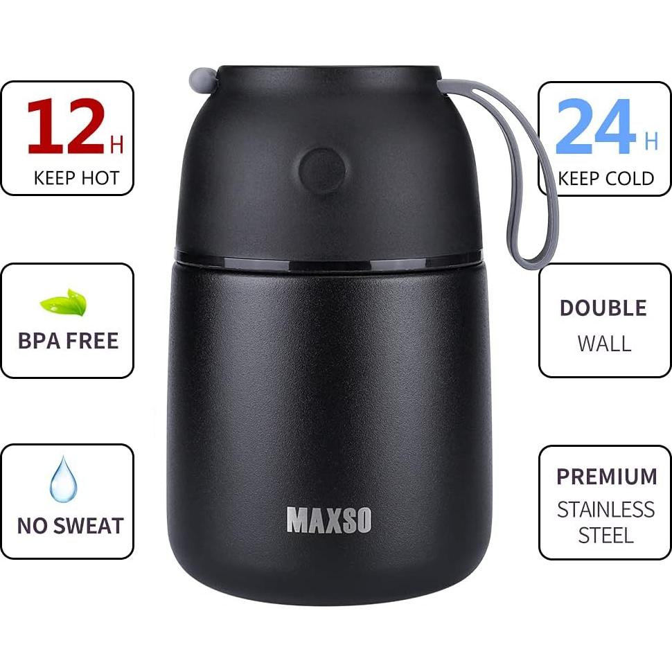 Contenedor Térmico MAXSO 500 ml Acero Inoxidable Aislado Negro