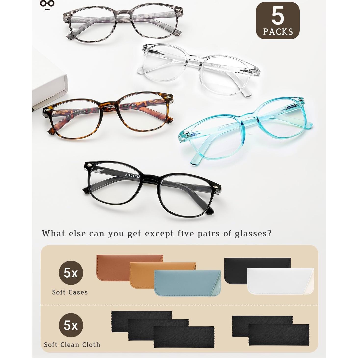 Paquete de 5 Gafas de Lectura JOLISU con Bloqueo de Luz Azul