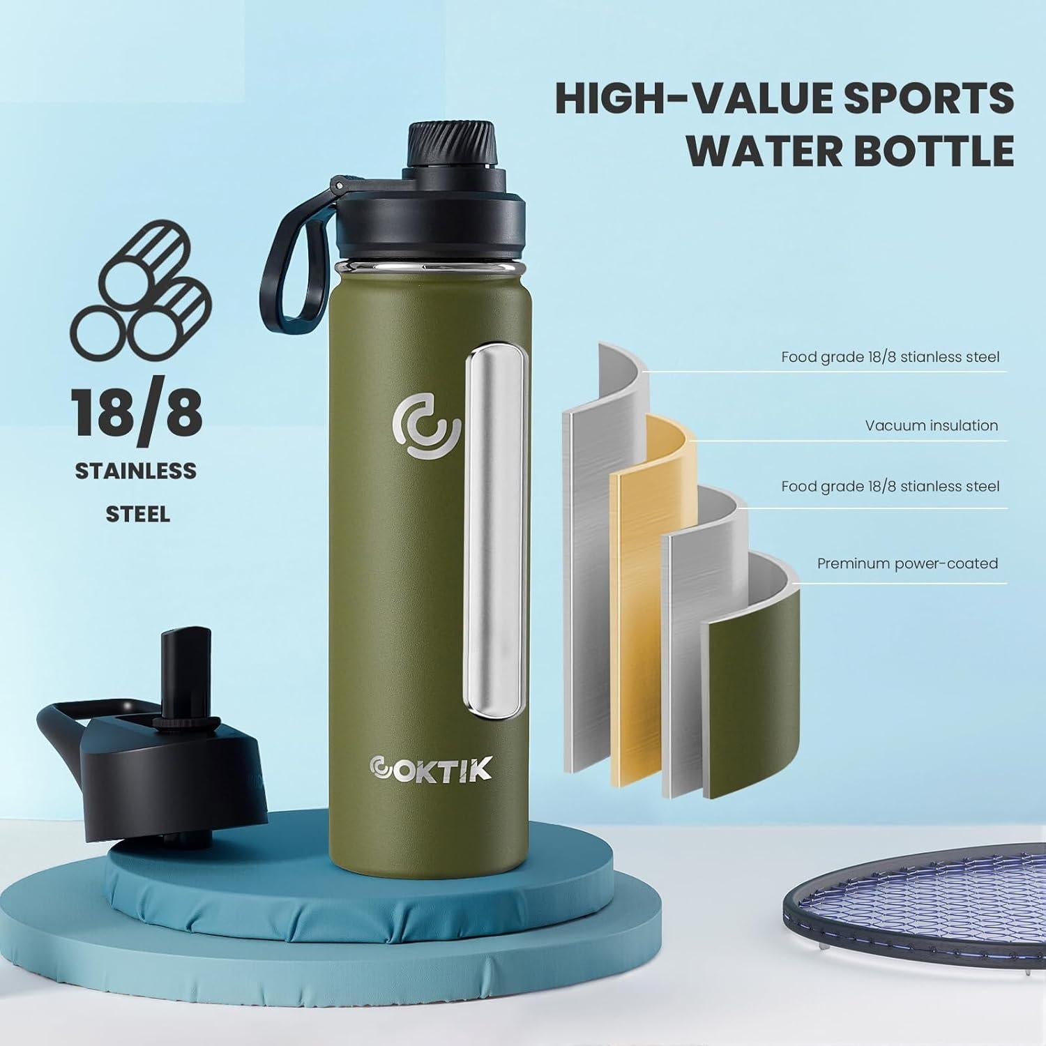 Botella de Agua Aislada COKTIK 22 oz Acero Inoxidable Verde Militar