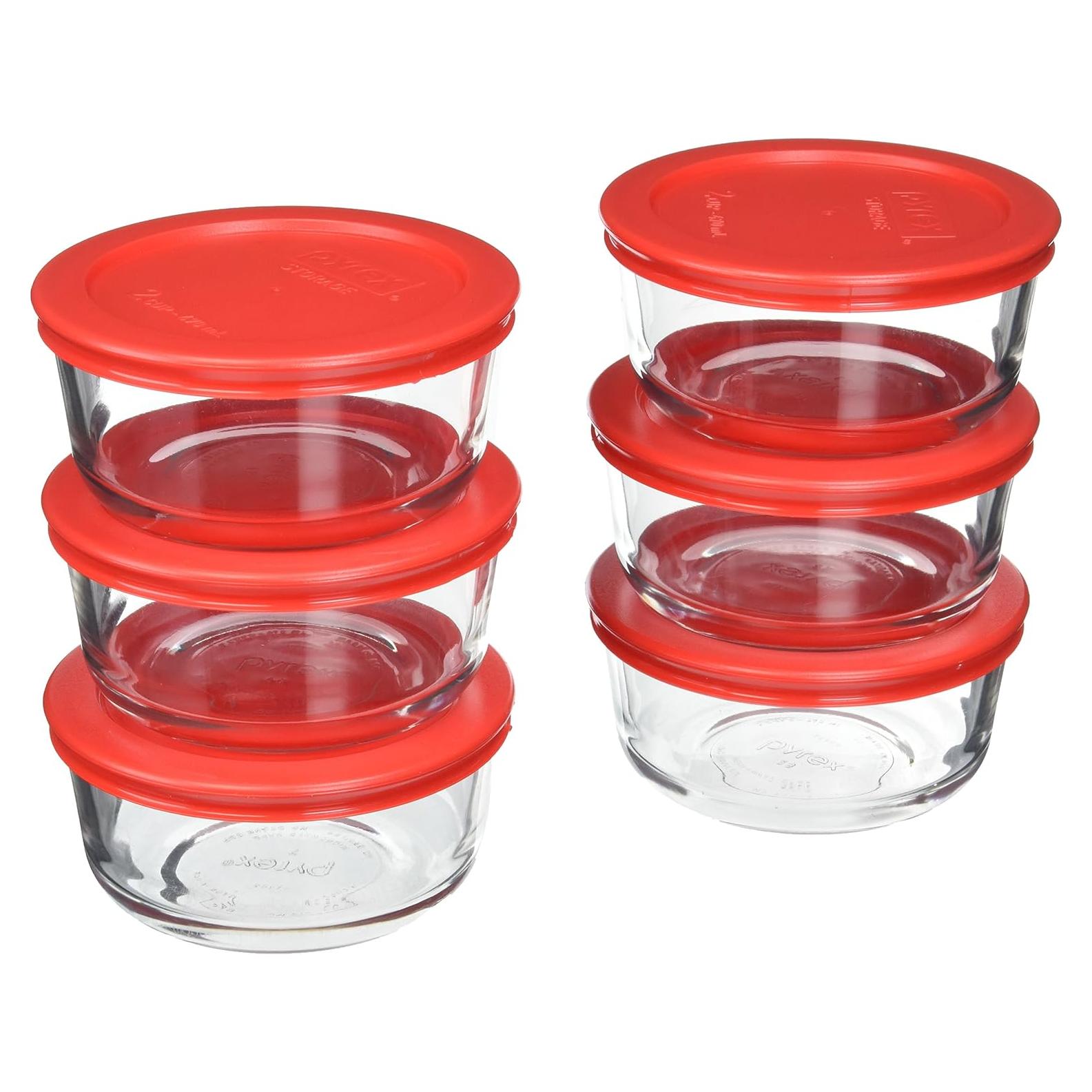 Set de 6 Tazones de Vidrio Pyrex 2 Tazas con Tapas Rojas