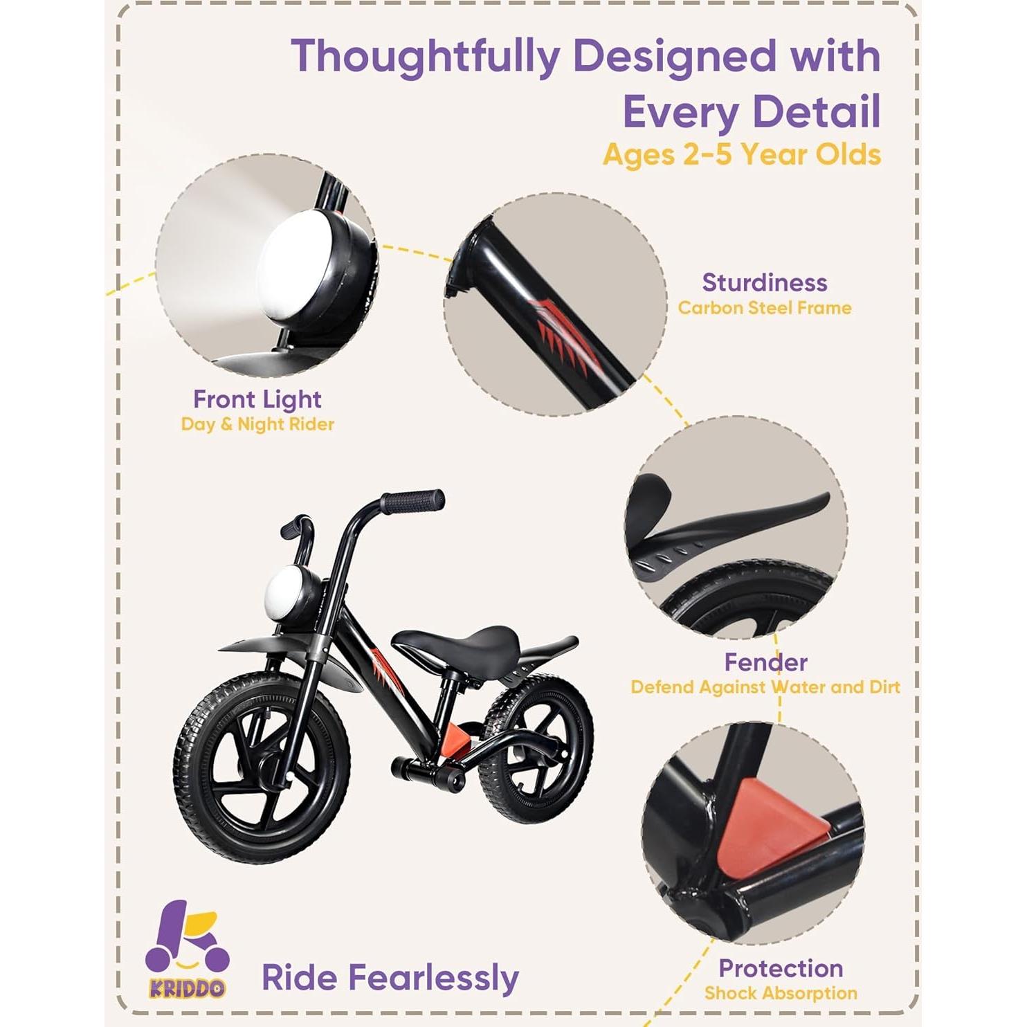 Bicicleta de Equilibrio KRIDDO 2024 para Niños 2-5 Años con Luz