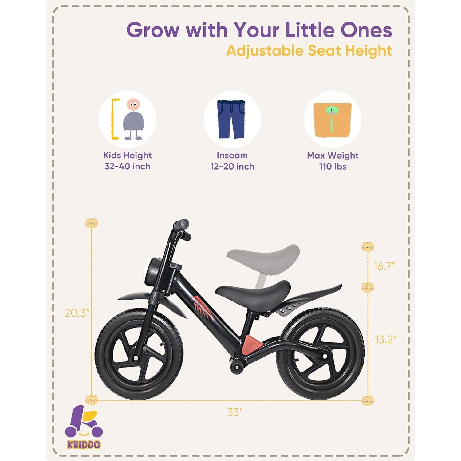 Bicicleta de Equilibrio KRIDDO 2024 para Niños 2-5 Años con Luz