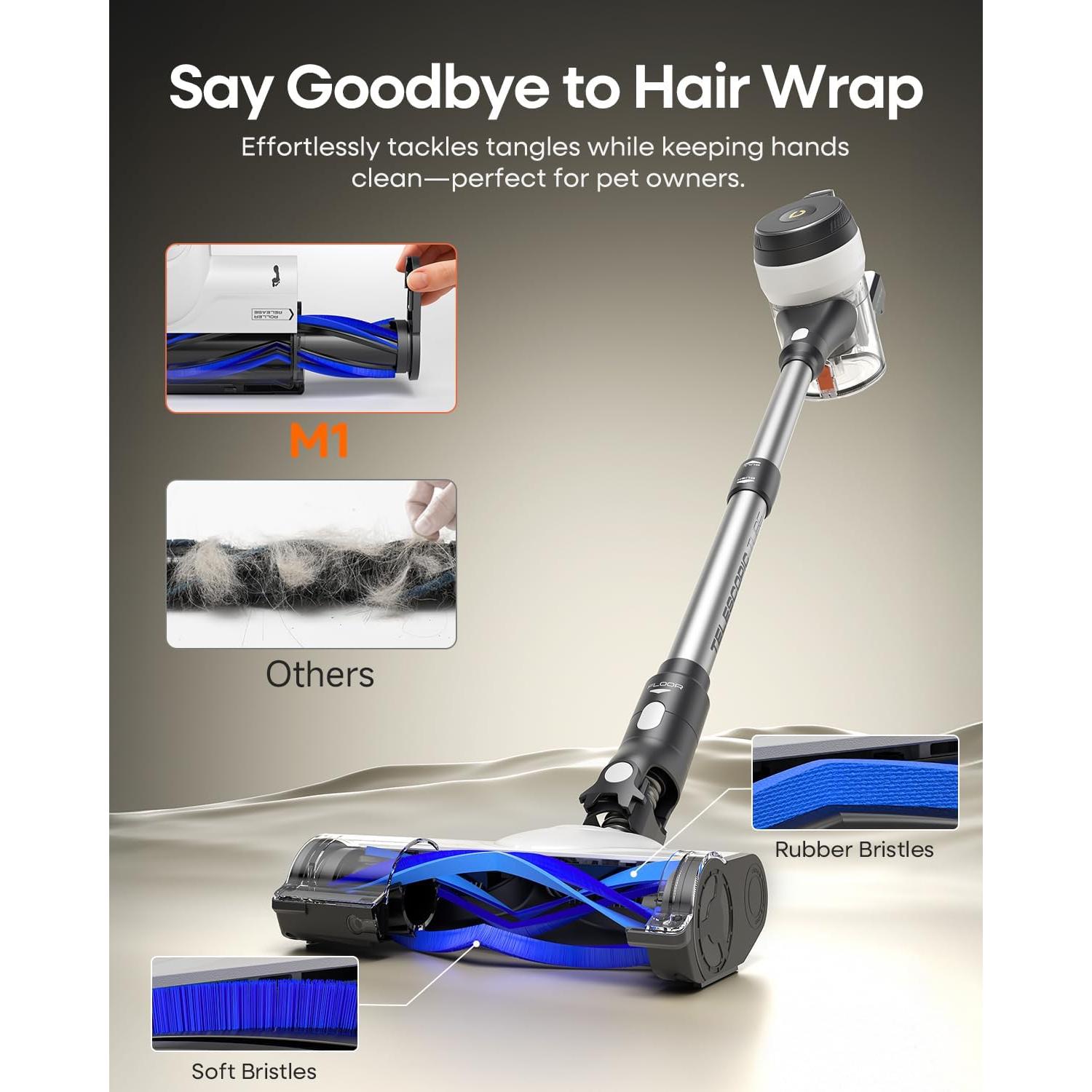 YONNDER Cordless Vacuum Cleaner, 48KPA/550W/65Mins Powerful Stick Vacuum for Home, Anti-Tangle, Self-Standing, Lightweight, Charging Dock, Vacuum Cleaner for Hardwood Floor/Carpet/Pet Hair/Car, M1