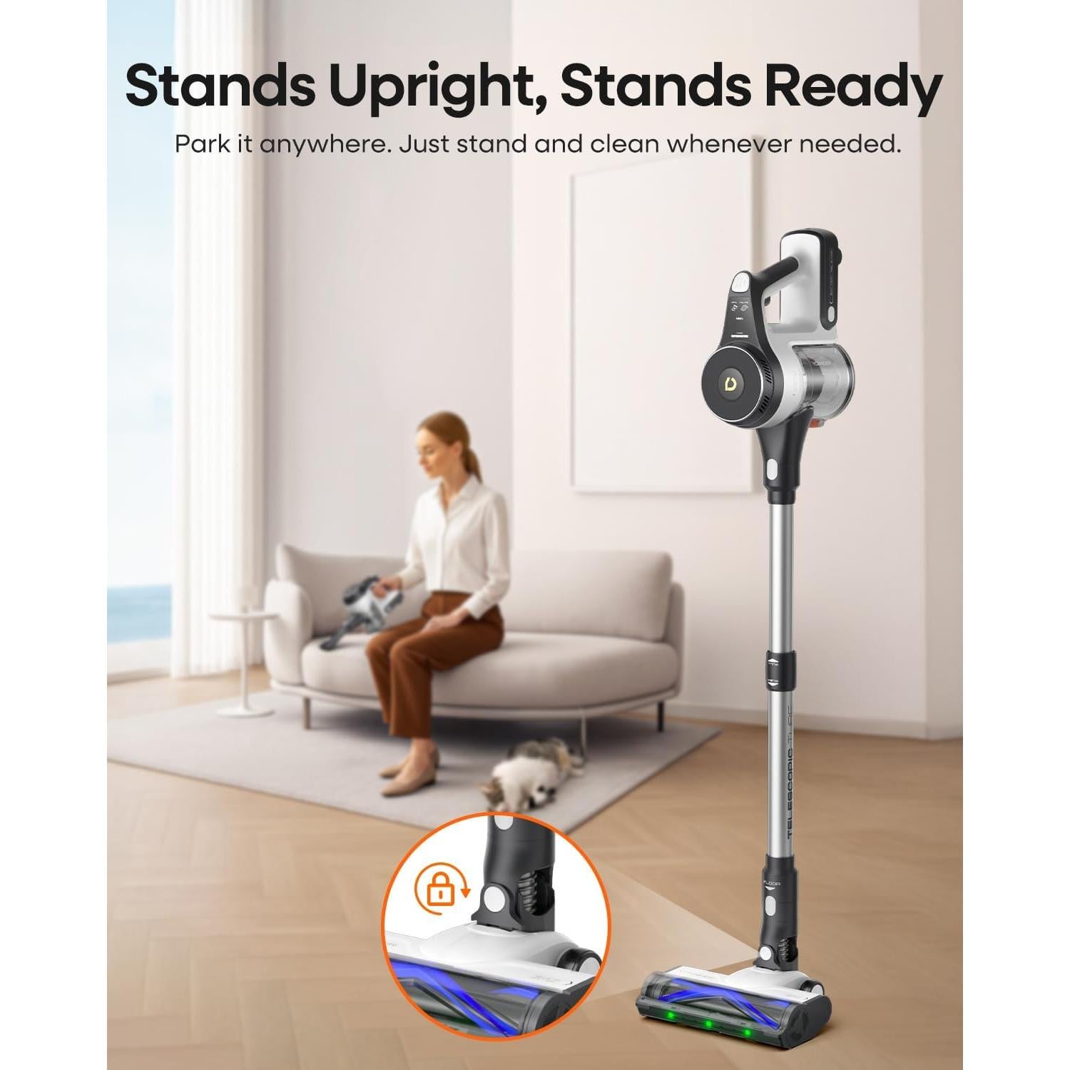 YONNDER Cordless Vacuum Cleaner, 48KPA/550W/65Mins Powerful Stick Vacuum for Home, Anti-Tangle, Self-Standing, Lightweight, Charging Dock, Vacuum Cleaner for Hardwood Floor/Carpet/Pet Hair/Car, M1