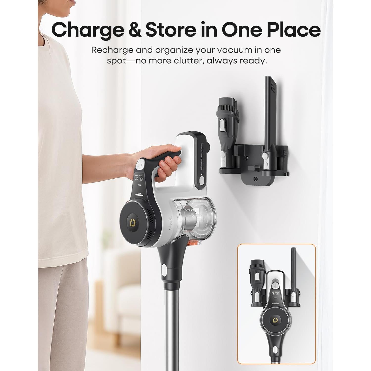 YONNDER Cordless Vacuum Cleaner, 48KPA/550W/65Mins Powerful Stick Vacuum for Home, Anti-Tangle, Self-Standing, Lightweight, Charging Dock, Vacuum Cleaner for Hardwood Floor/Carpet/Pet Hair/Car, M1