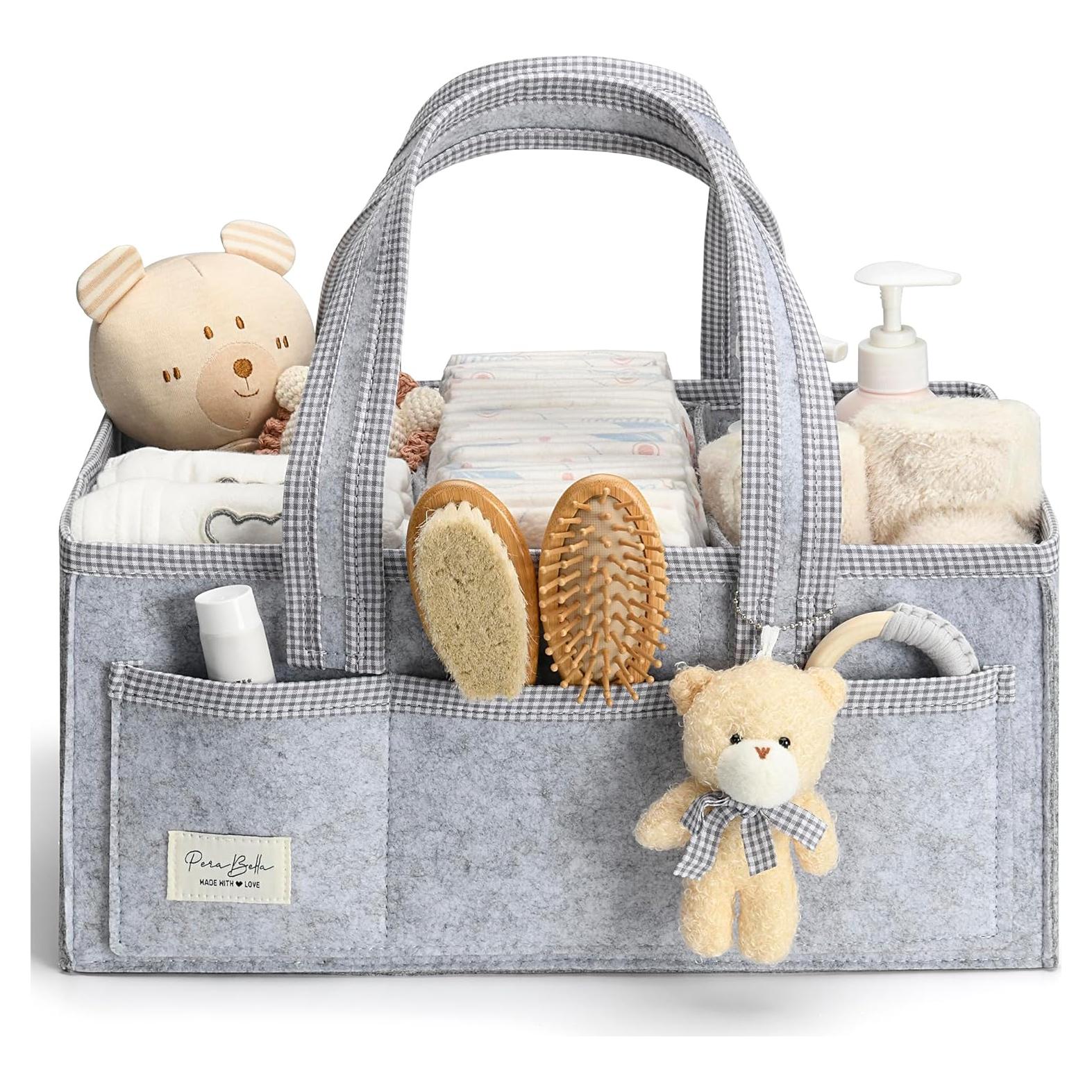 PeraBella Diaper Caddy Organizer with Handle, Baby Shower Gifts Basket Bag, Registry Search Must Haves Items, Nursery Storage Organizer for Newborn Girl Boy, Baby Bag Essentials, Car Diaper Caddy Cart