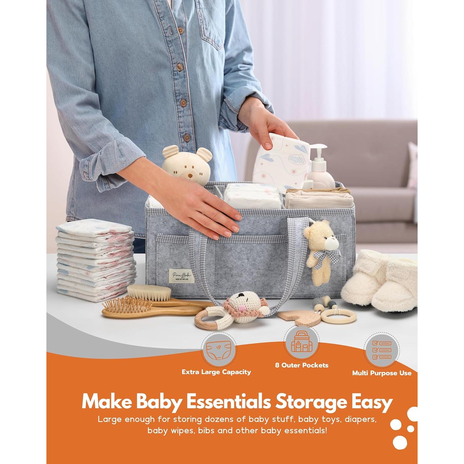 PeraBella Diaper Caddy Organizer with Handle, Baby Shower Gifts Basket Bag, Registry Search Must Haves Items, Nursery Storage Organizer for Newborn Girl Boy, Baby Bag Essentials, Car Diaper Caddy Cart