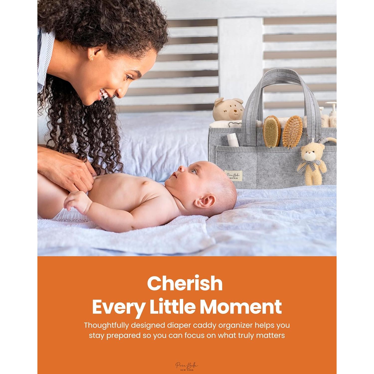 PeraBella Diaper Caddy Organizer with Handle, Baby Shower Gifts Basket Bag, Registry Search Must Haves Items, Nursery Storage Organizer for Newborn Girl Boy, Baby Bag Essentials, Car Diaper Caddy Cart