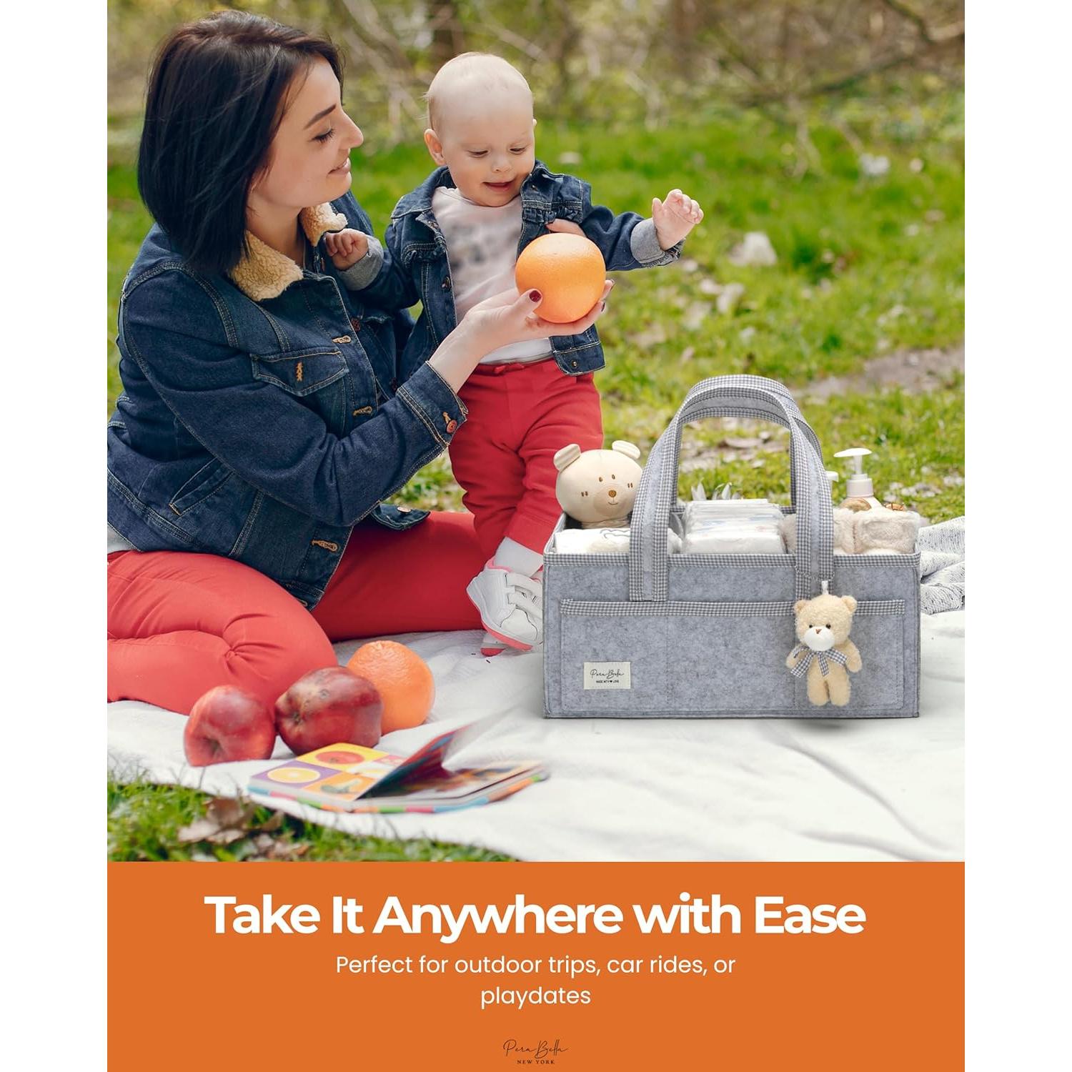 PeraBella Diaper Caddy Organizer with Handle, Baby Shower Gifts Basket Bag, Registry Search Must Haves Items, Nursery Storage Organizer for Newborn Girl Boy, Baby Bag Essentials, Car Diaper Caddy Cart