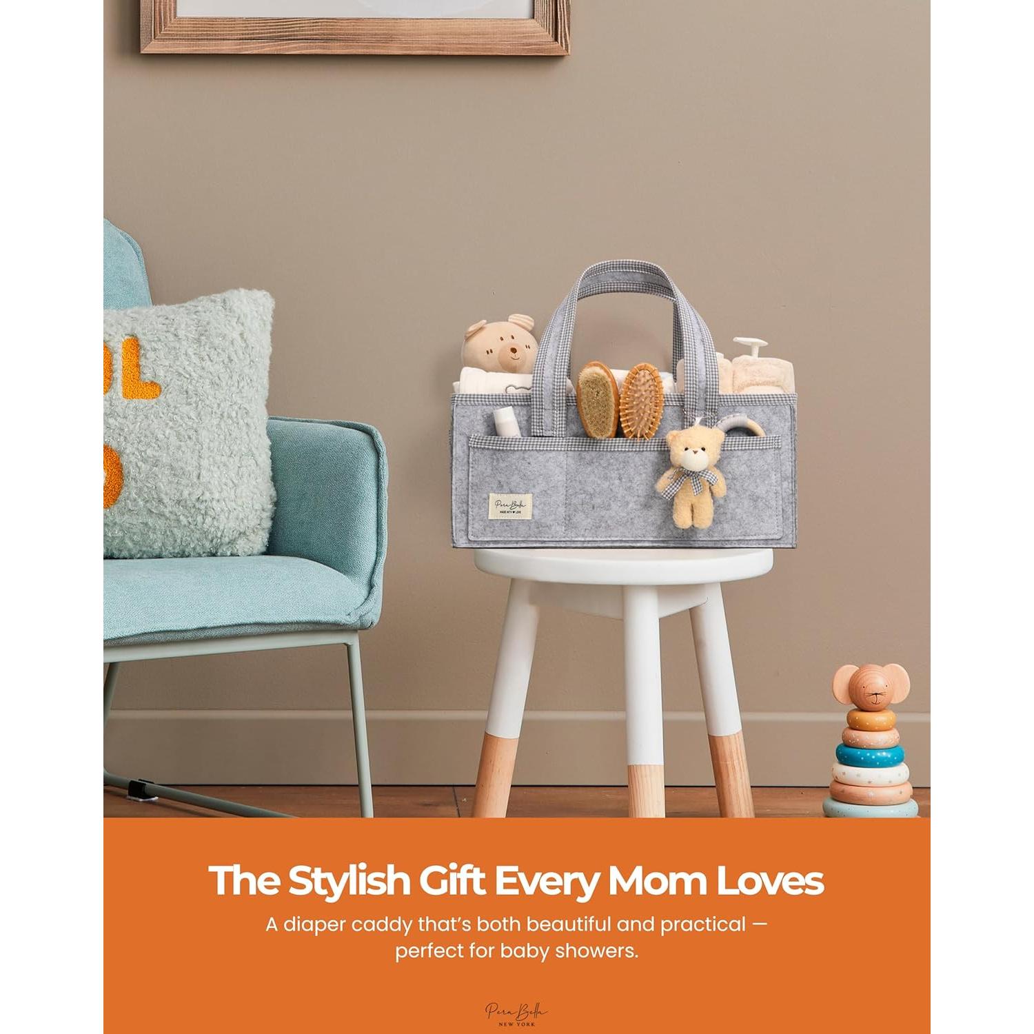 PeraBella Diaper Caddy Organizer with Handle, Baby Shower Gifts Basket Bag, Registry Search Must Haves Items, Nursery Storage Organizer for Newborn Girl Boy, Baby Bag Essentials, Car Diaper Caddy Cart