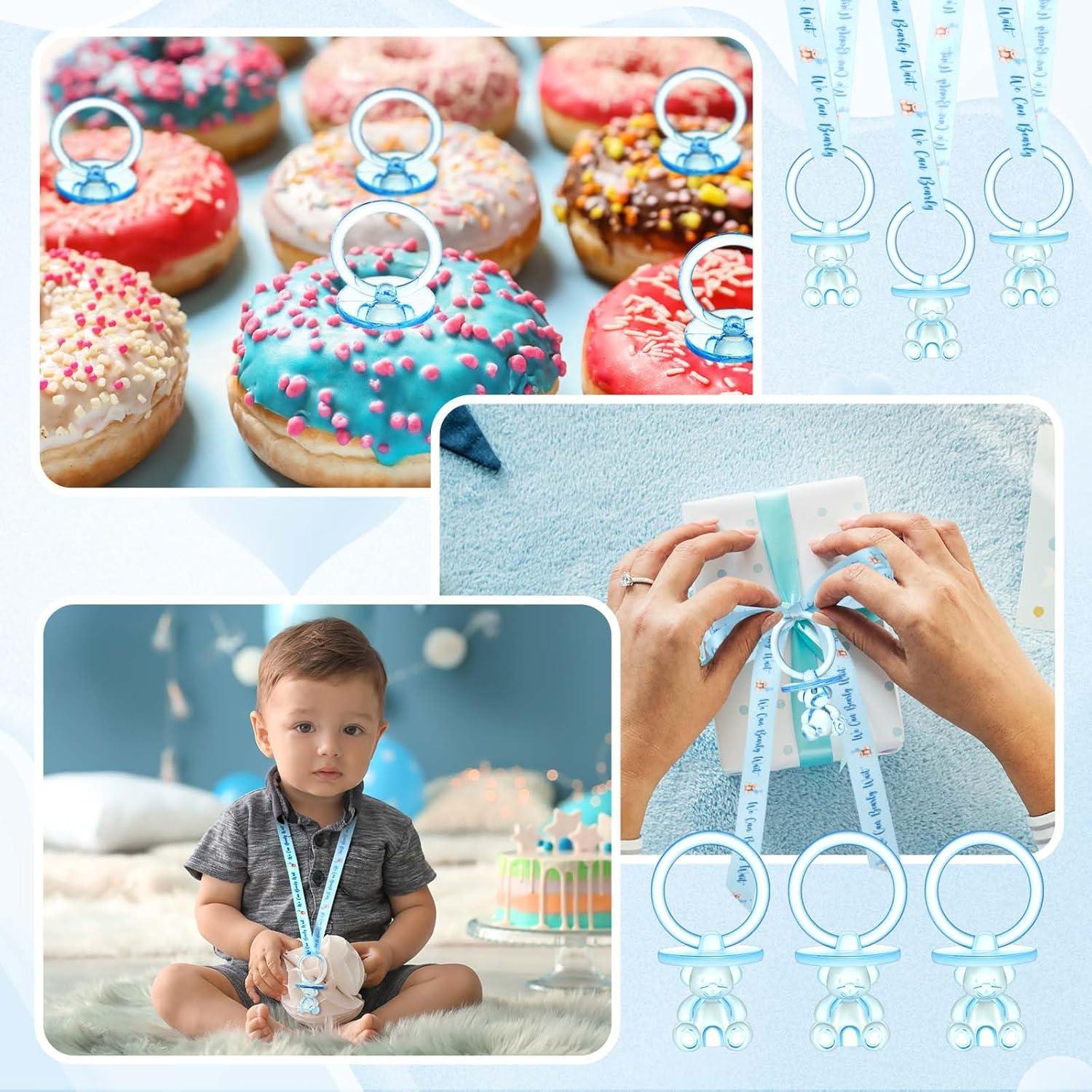 50 Chupetes Acrílicos para Bebés con Collar Azul - Baby Shower