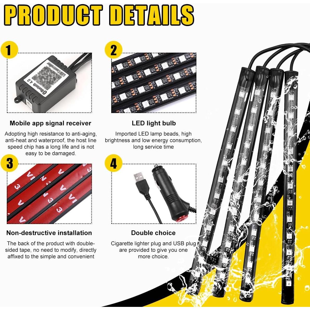 Luces LED de Interior para Auto Povtii, 4 Tiras Multicolor