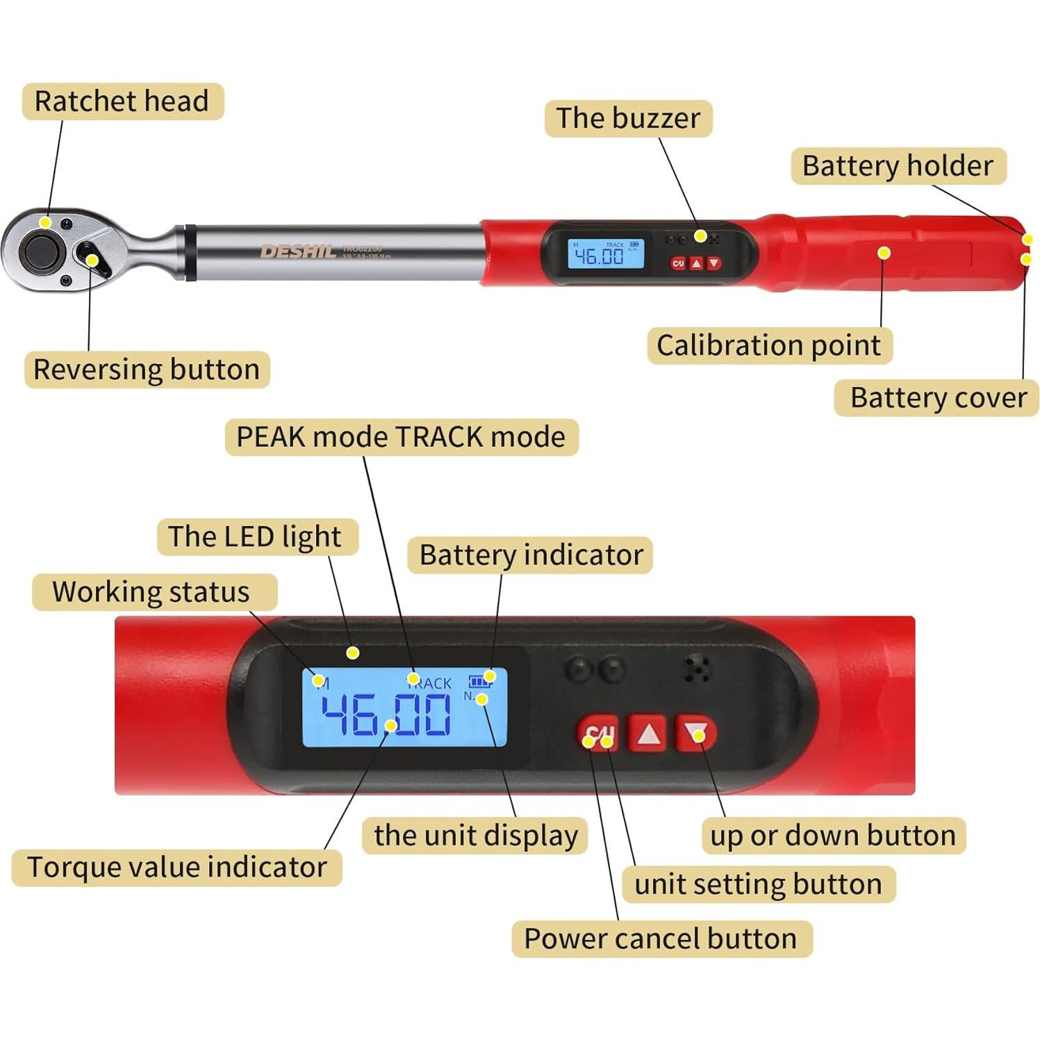 Llave de Torque Digital DESHIL 3/8" 6.8-135N.m con Luz LED