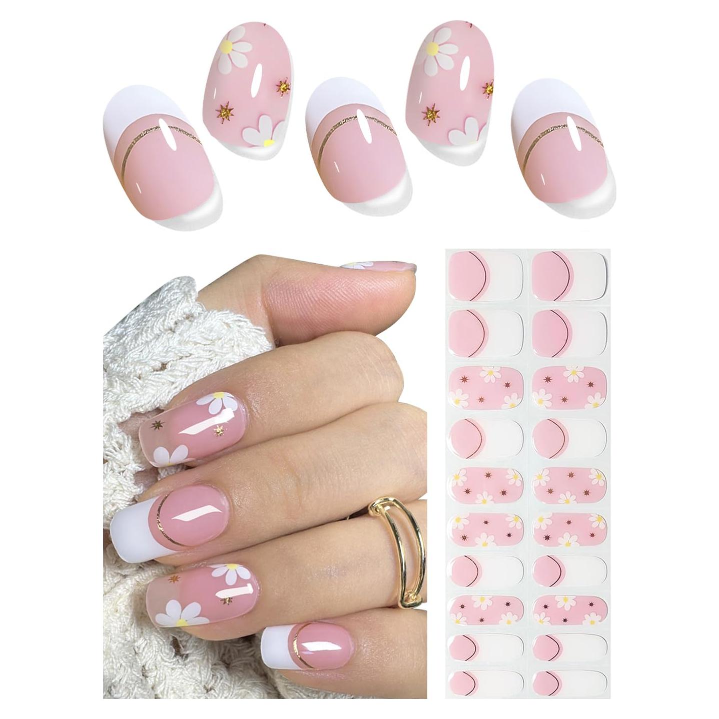 Tiras de Uñas de Gel Semi Curadas Wahrshei - Flor Francesa, 20pcs