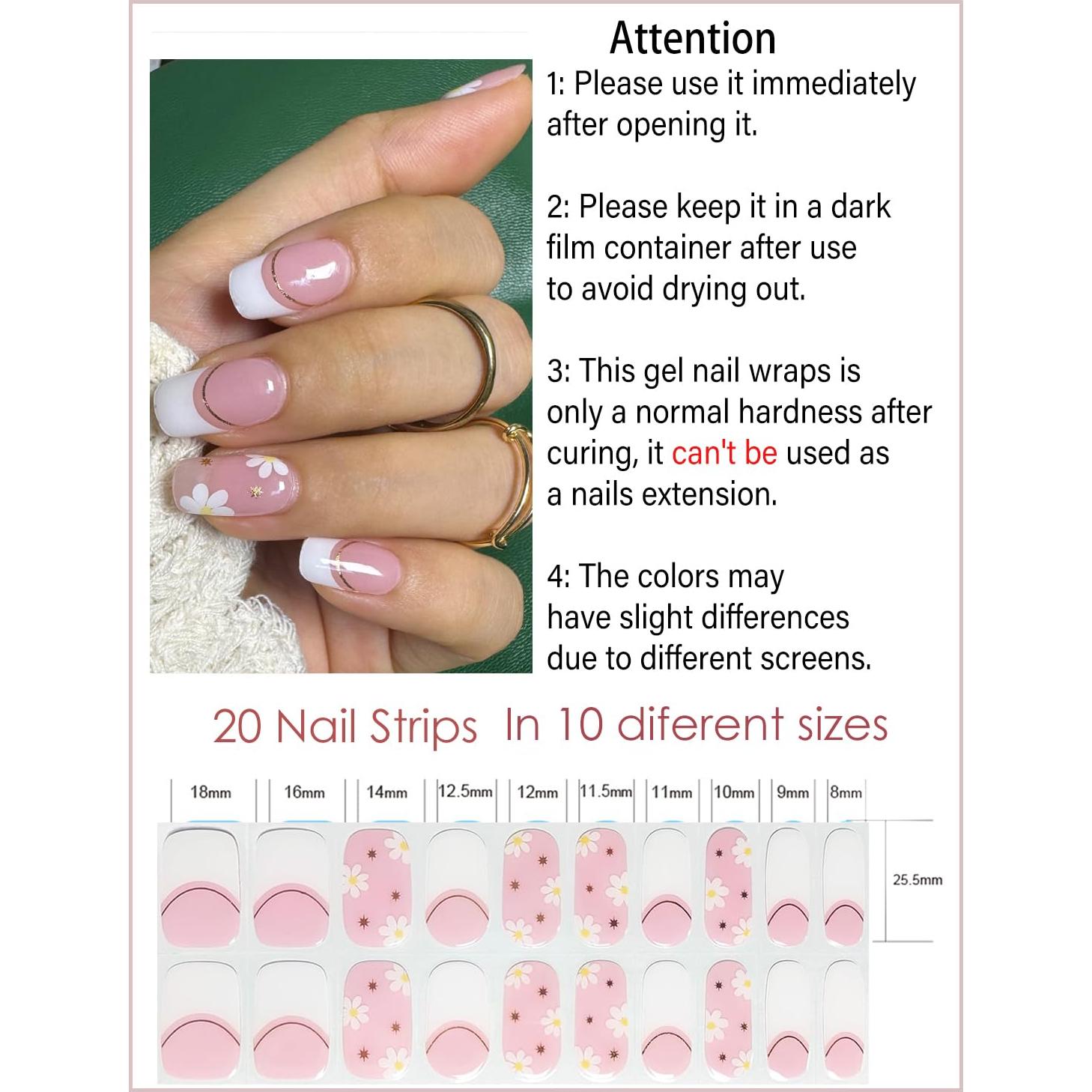 Tiras de Uñas de Gel Semi Curadas Wahrshei - Flor Francesa, 20pcs