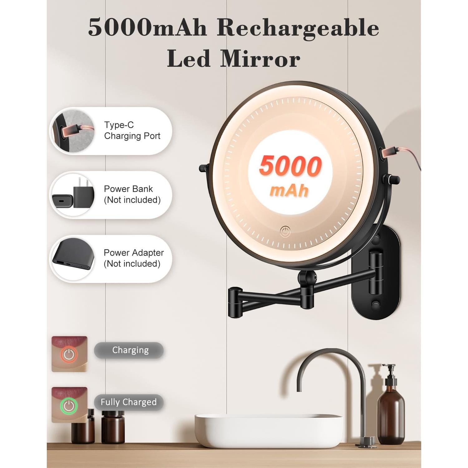 Espejo de Maquillaje Montado en Pared vpu 9" con Luz LED 20X/1X