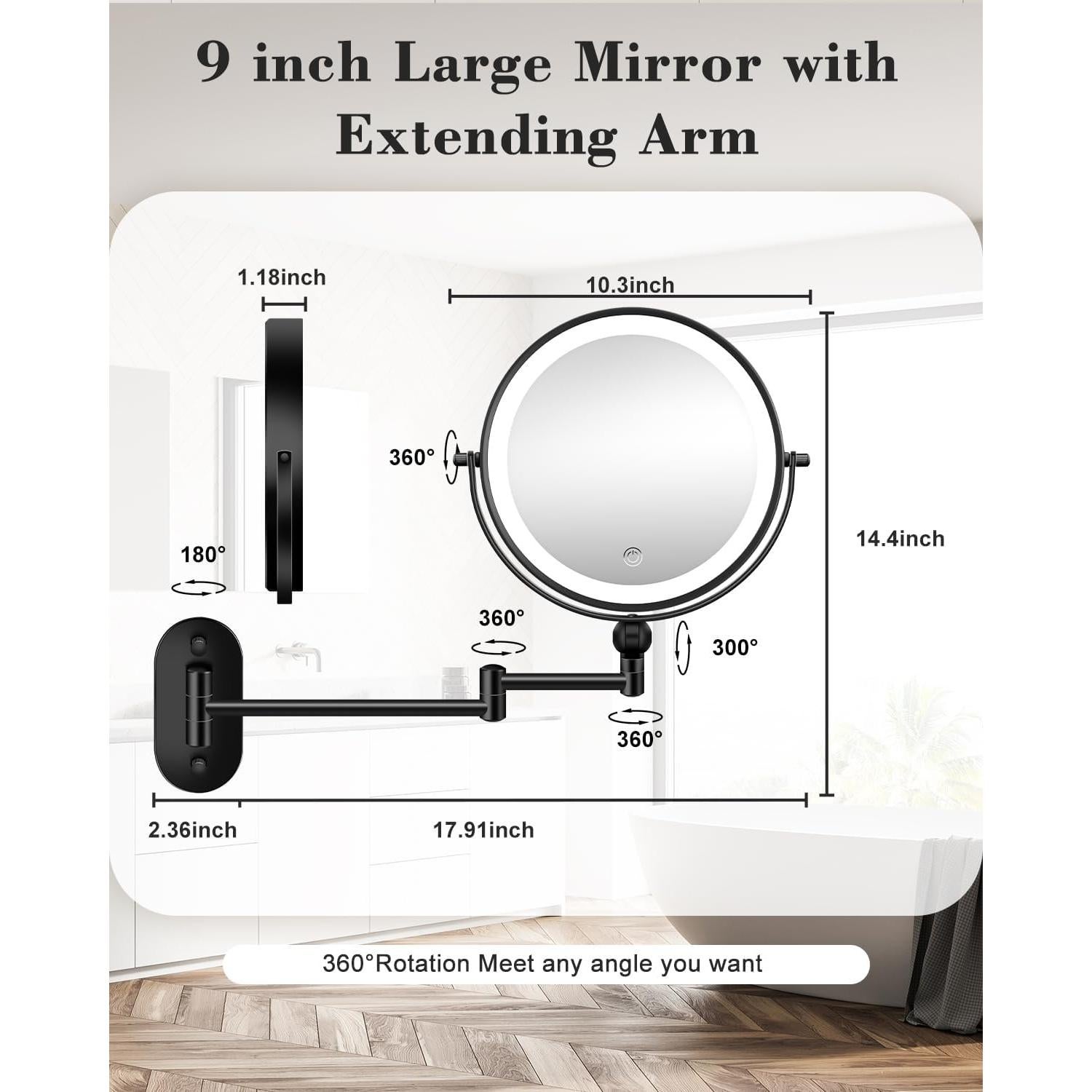 Espejo de Maquillaje Montado en Pared vpu 9" con Luz LED 20X/1X