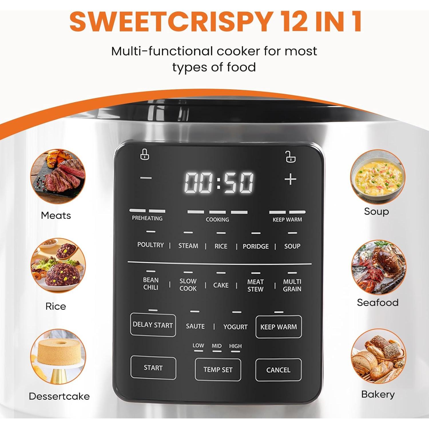 Olla de presión eléctrica Sweetcrispy 6L 12 en 1 acero inoxidable