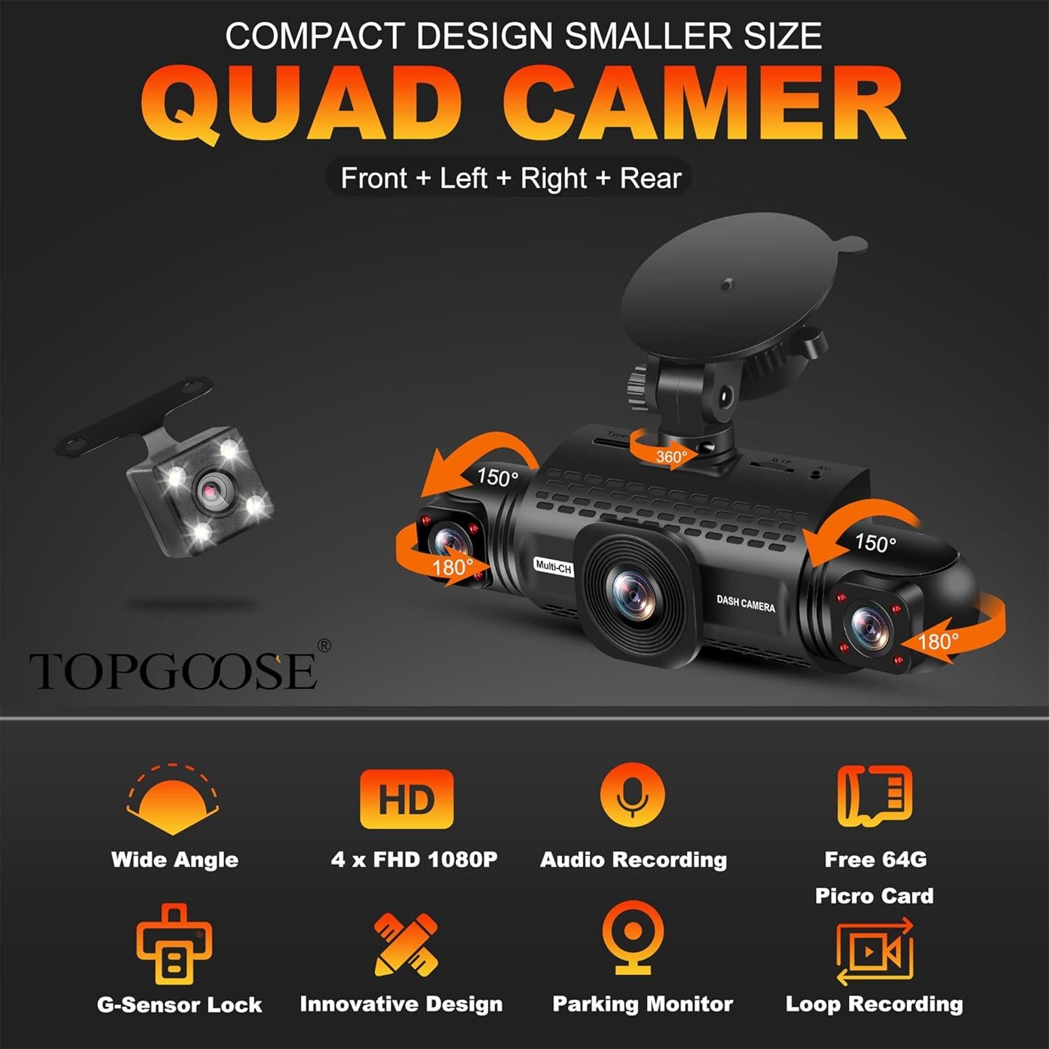 Cámara Dash 360° TOPGOOSE 4 Canales FHD 1080P con 64GB