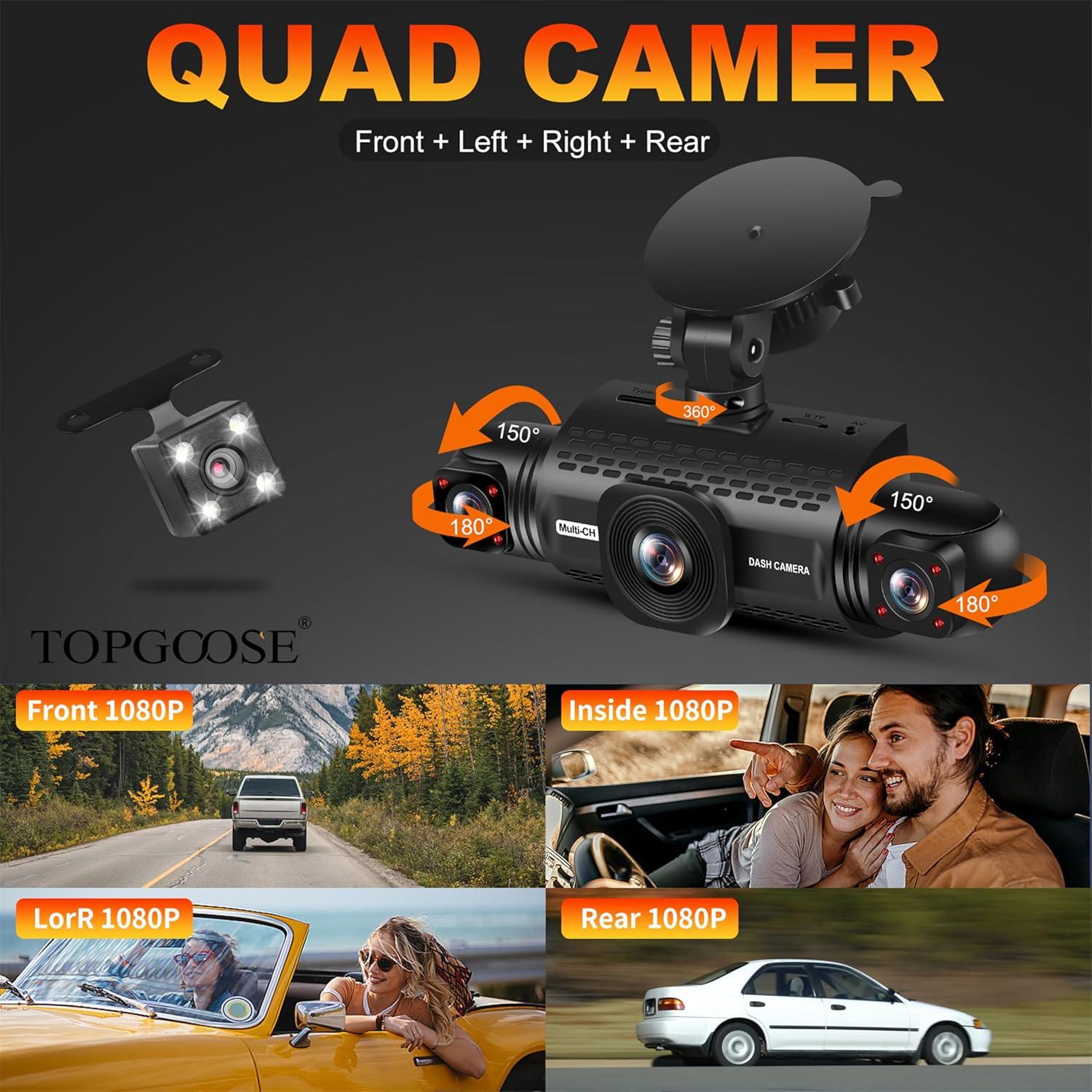 Cámara Dash 360° TOPGOOSE 4 Canales FHD 1080P con 64GB