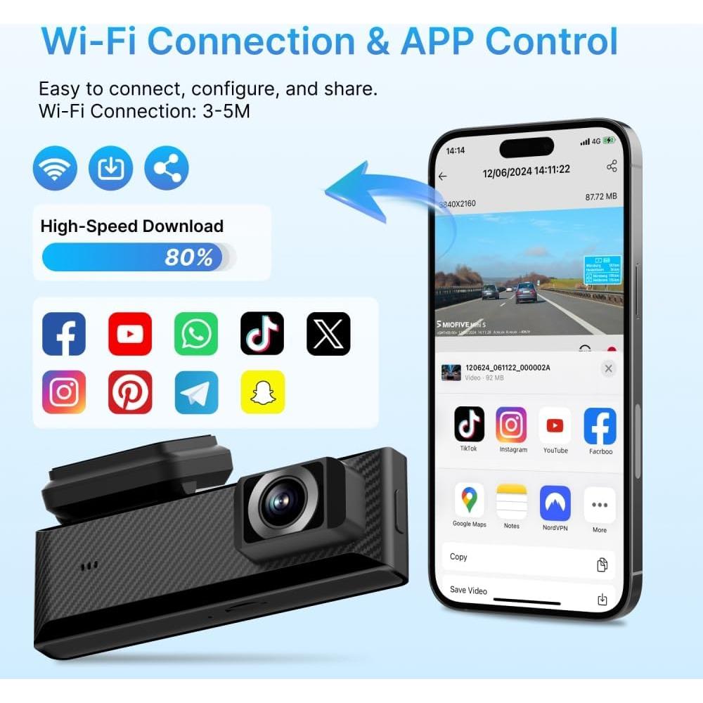 Cámara de Tablero Miofive Mini S 4K UHD con GPS y Wi-Fi