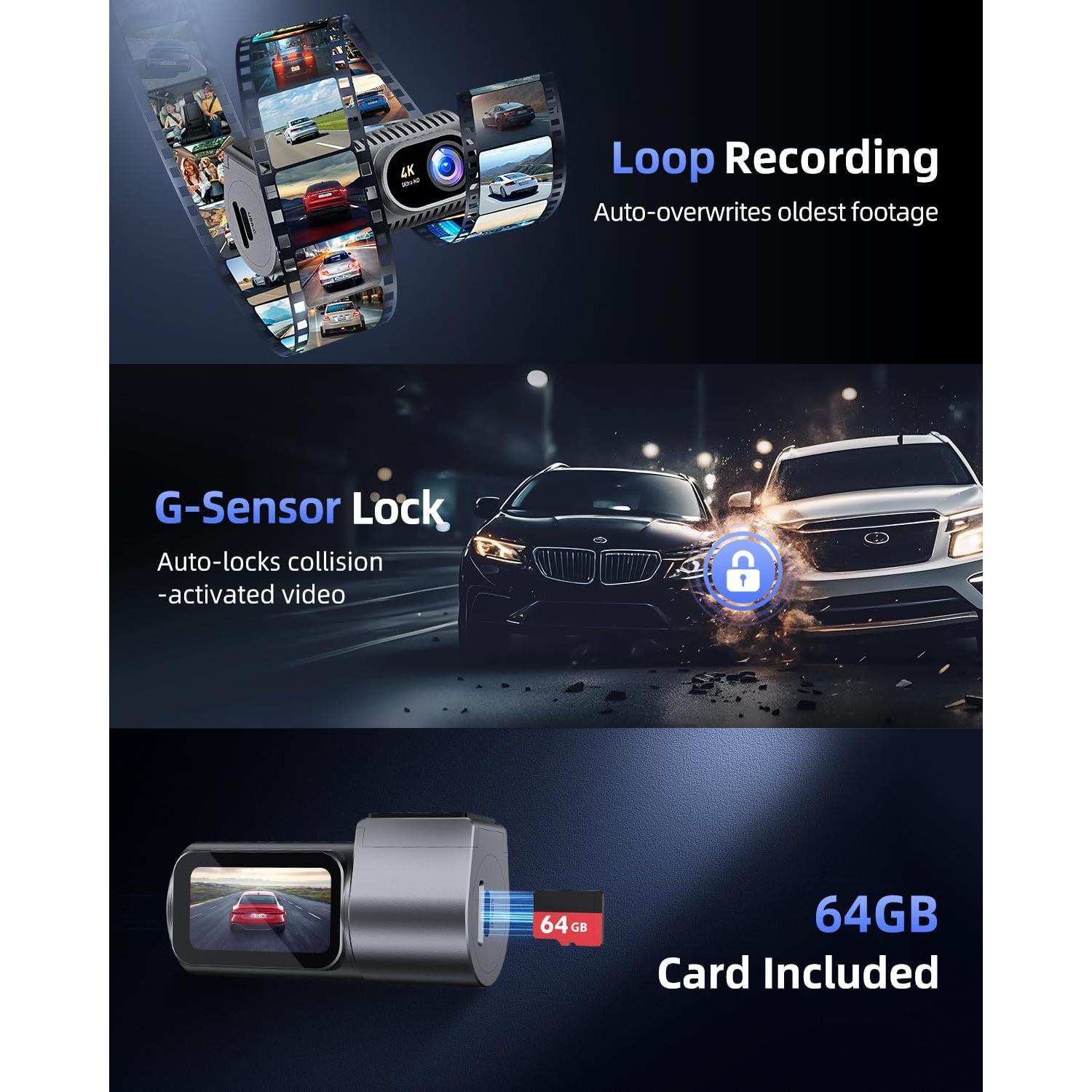 Cámara de tablero Cievie C200 4K con WiFi 5.8GHz y 64GB