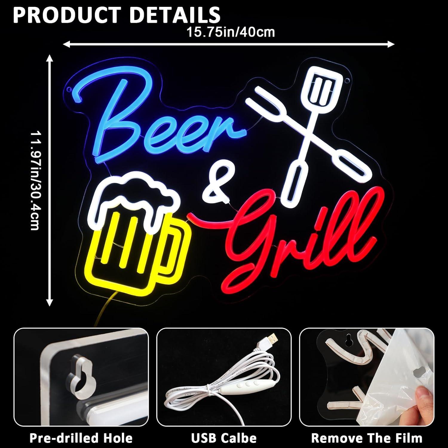 Letrero de Neón PMCVYH Cerveza y Parrilla LED 40x30 cm