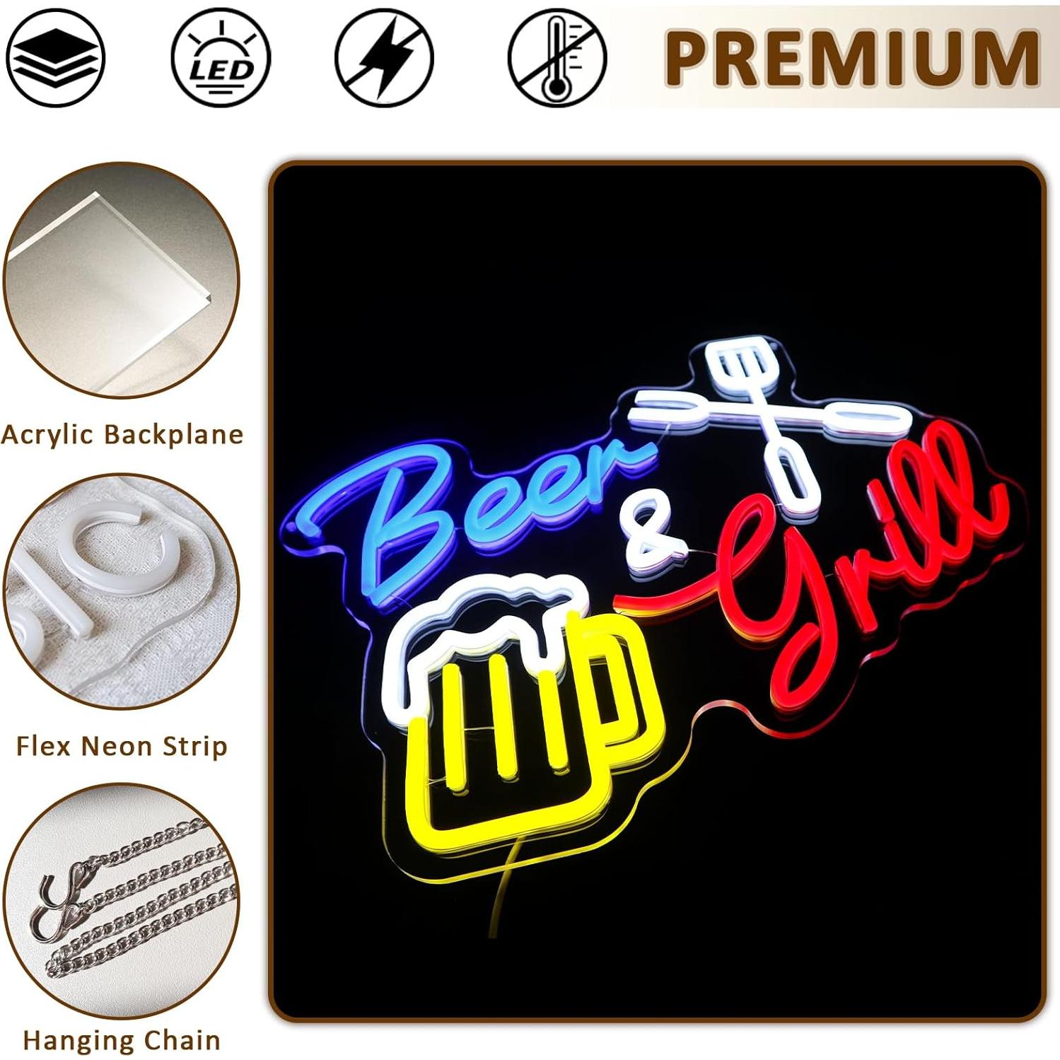 Letrero de Neón PMCVYH Cerveza y Parrilla LED 40x30 cm