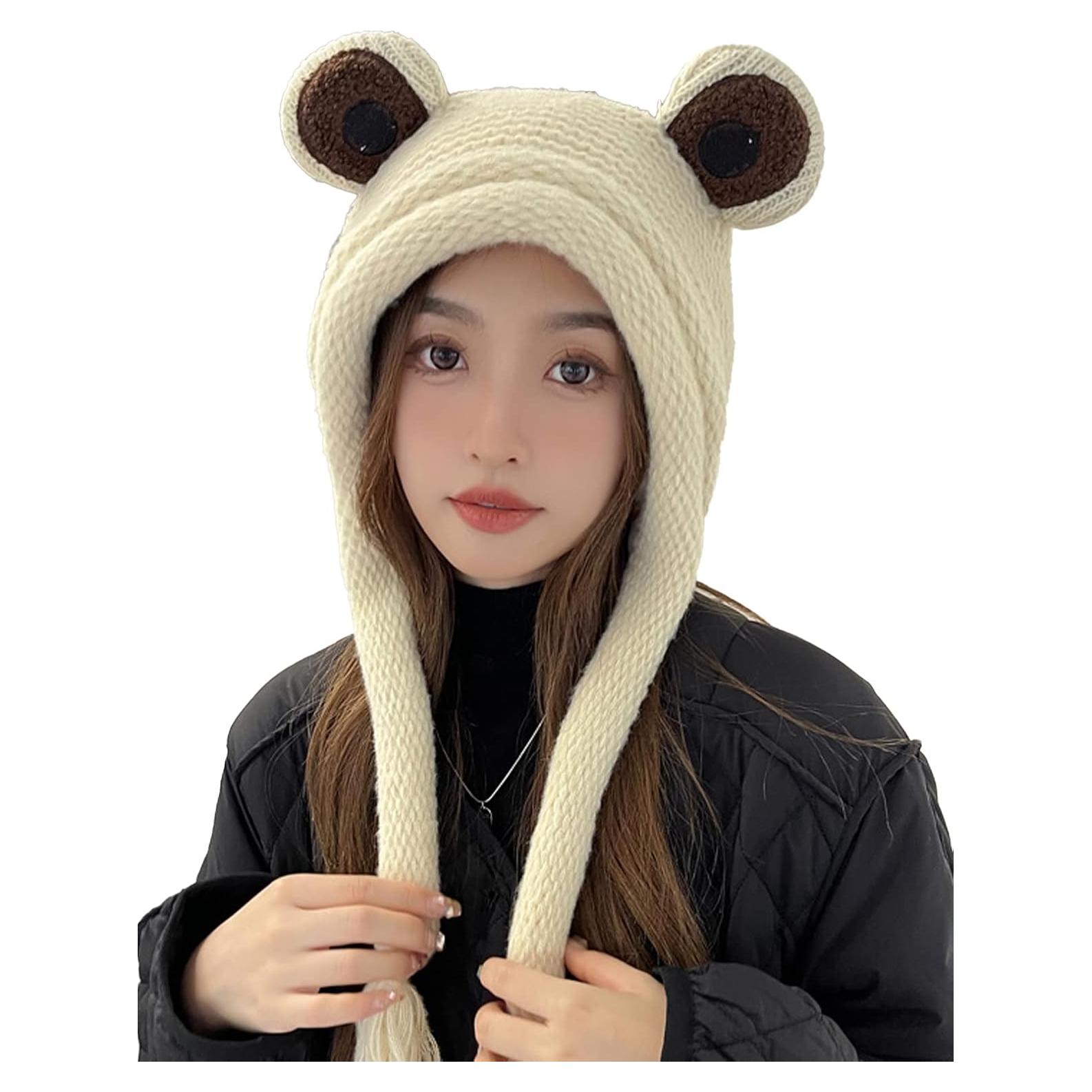 Gorro de Rana Adulto Tejido a Mano Beige con Ojos Grandes