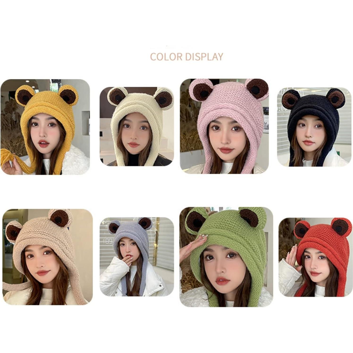 Gorro de Rana Adulto Tejido a Mano Beige con Ojos Grandes