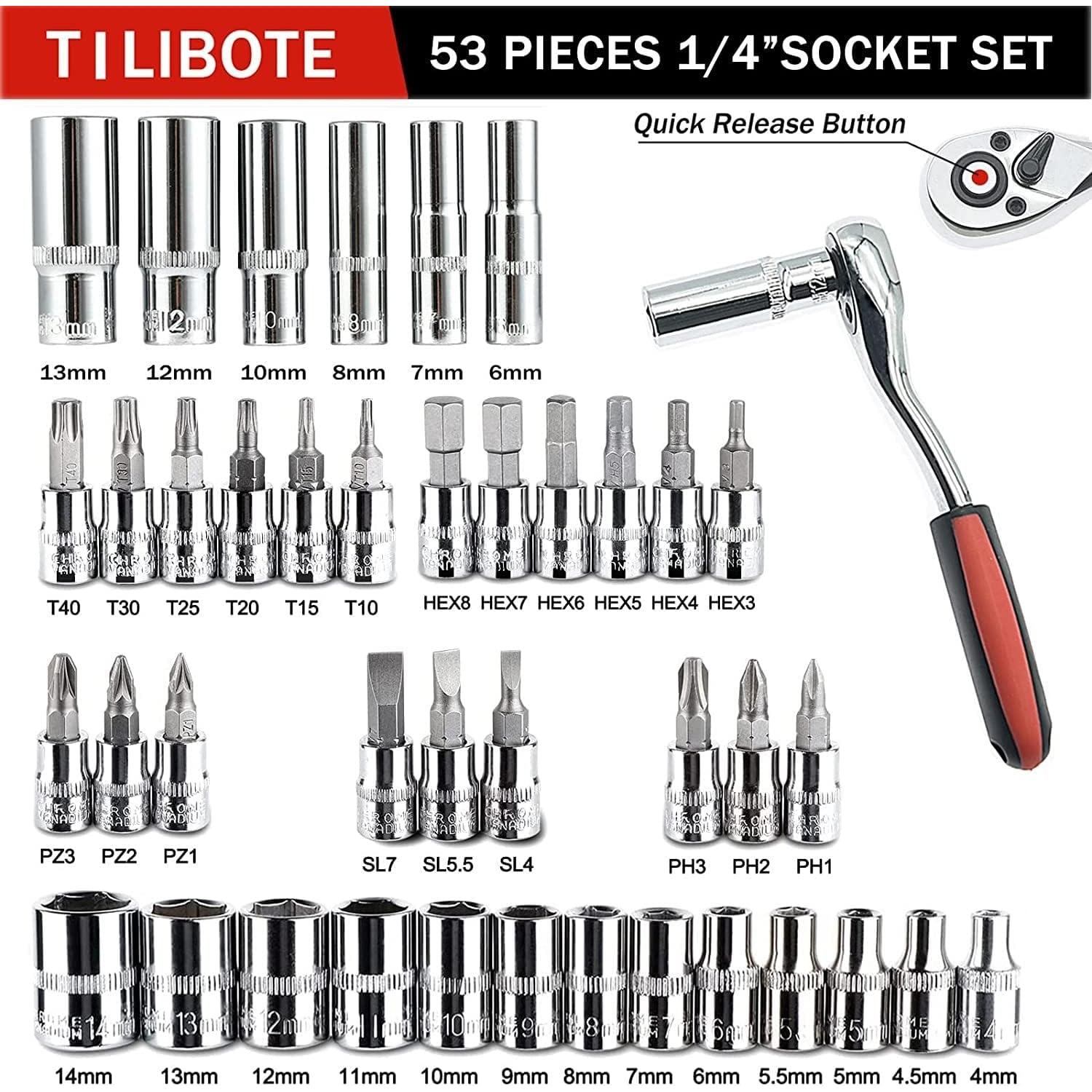 Juego de Llaves de Vaso TILIBOTE 53PCS 1/4" y Extensiones