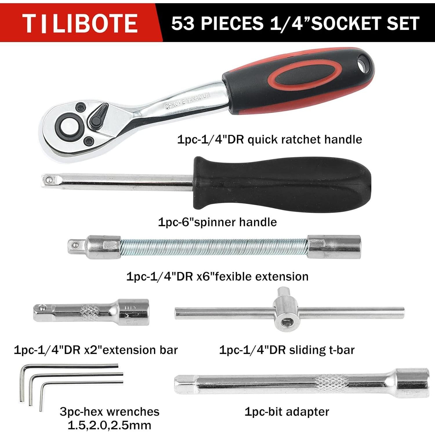 Juego de Llaves de Vaso TILIBOTE 53PCS 1/4" y Extensiones