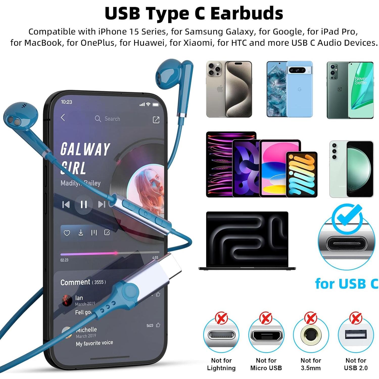 Auriculares In-Ear USB C COOYA HiFi con Micrófono - Azul Lago