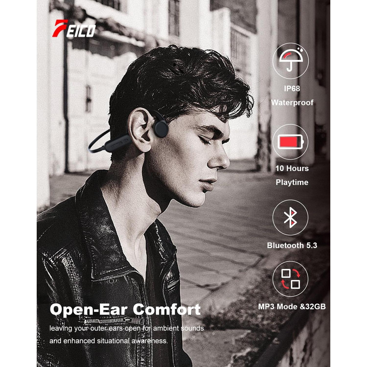 Auriculares de Conducción Ósea FEICO 32GB MP3 Impermeables IP68