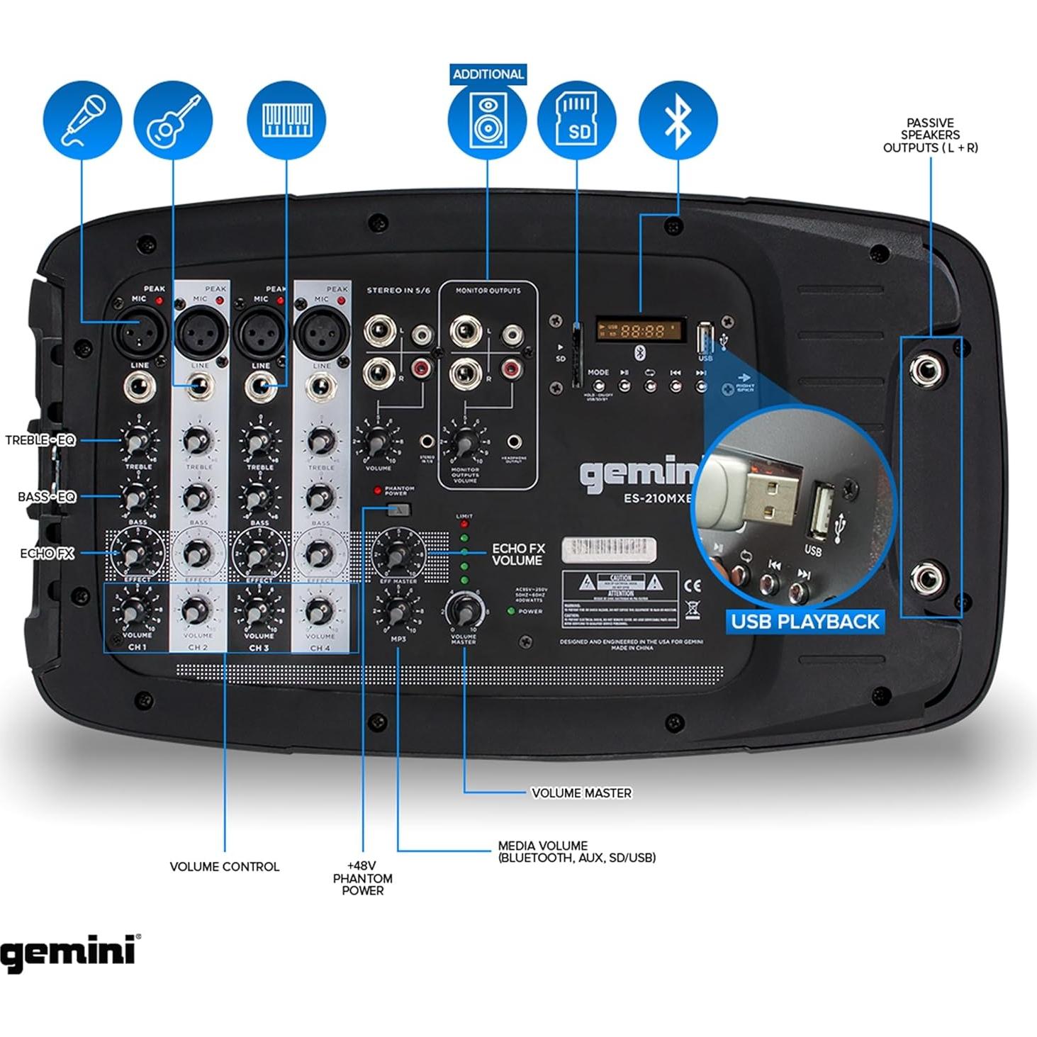 Sistema PA Portátil Gemini ES-210MXBLU 600W Bluetooth 10"