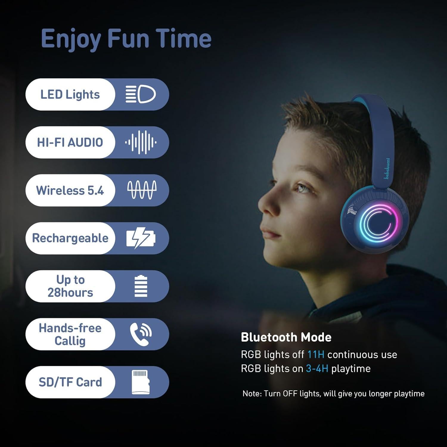Auriculares Bluetooth JBUNION para Niños con Luces LED 40mm