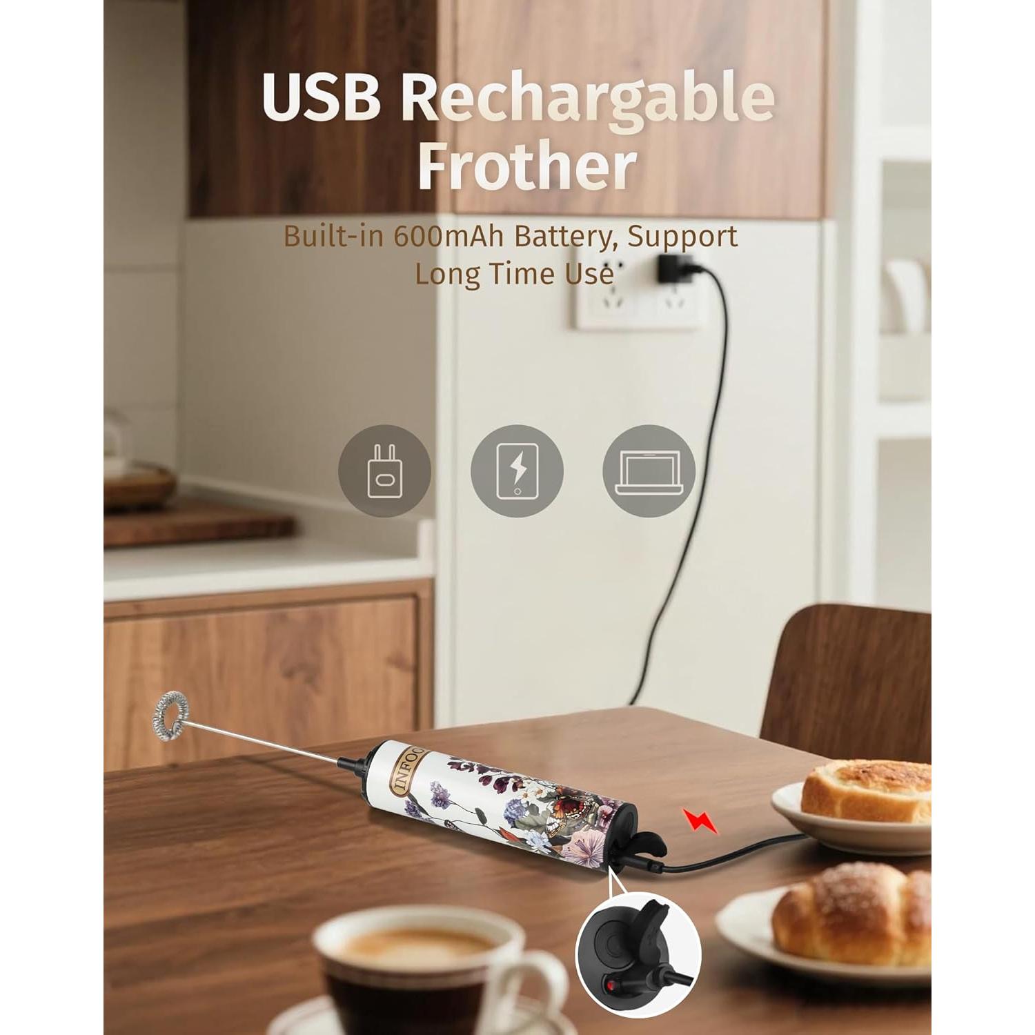 Espumador de Leche INFOOD HMF Floral Blanco Recargable 600mAh