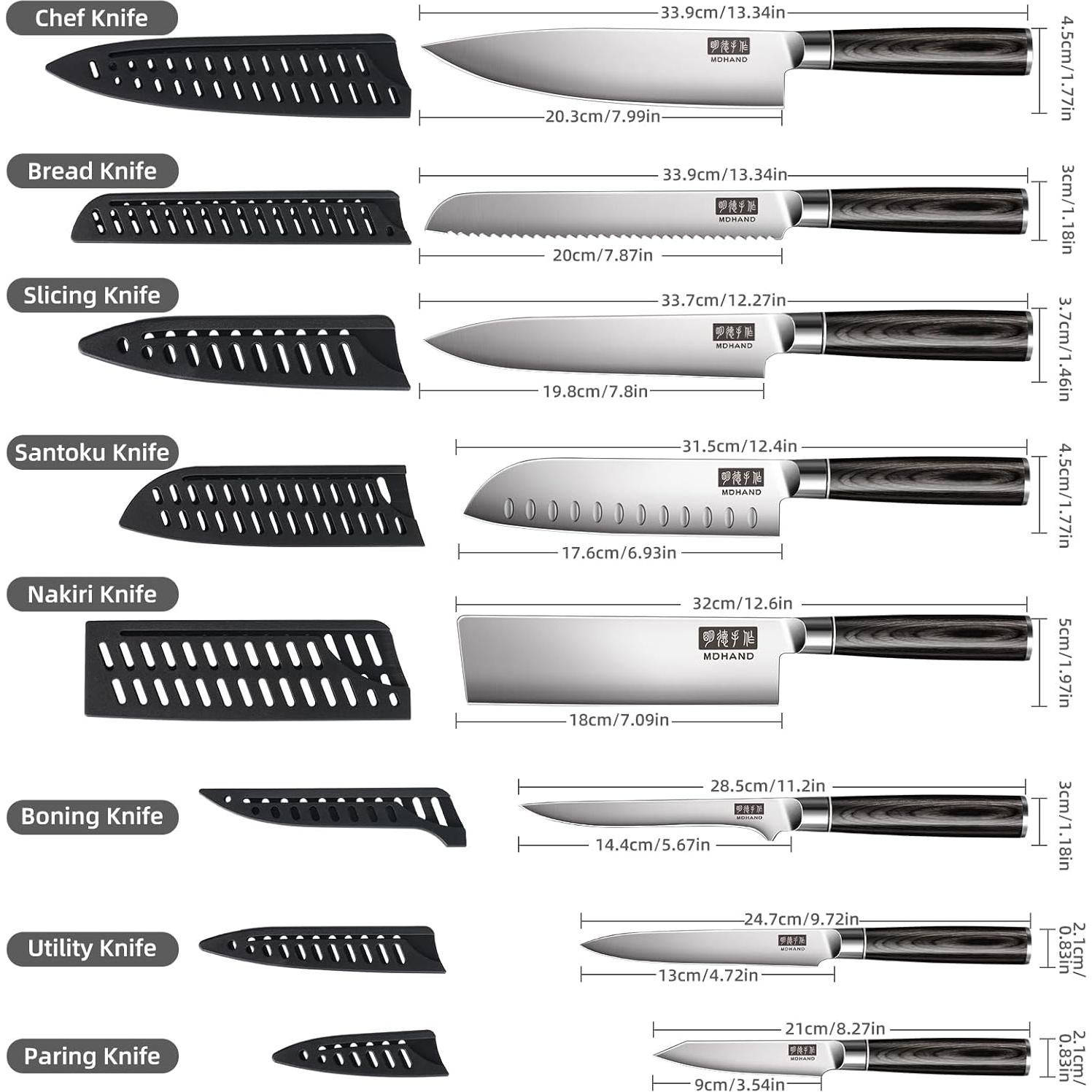 Conjunto de cuchillos MDHAND 9PCS acero inoxidable Pakkawood