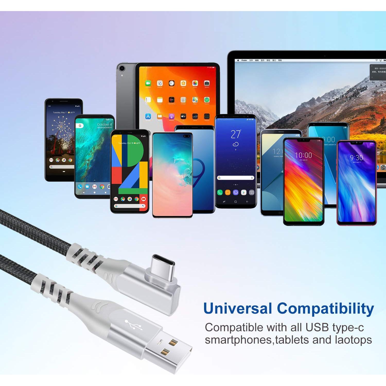 Cable USB C Pofesun 2m 3Pack Carga Rápida 3.1A Ángulo Derecho