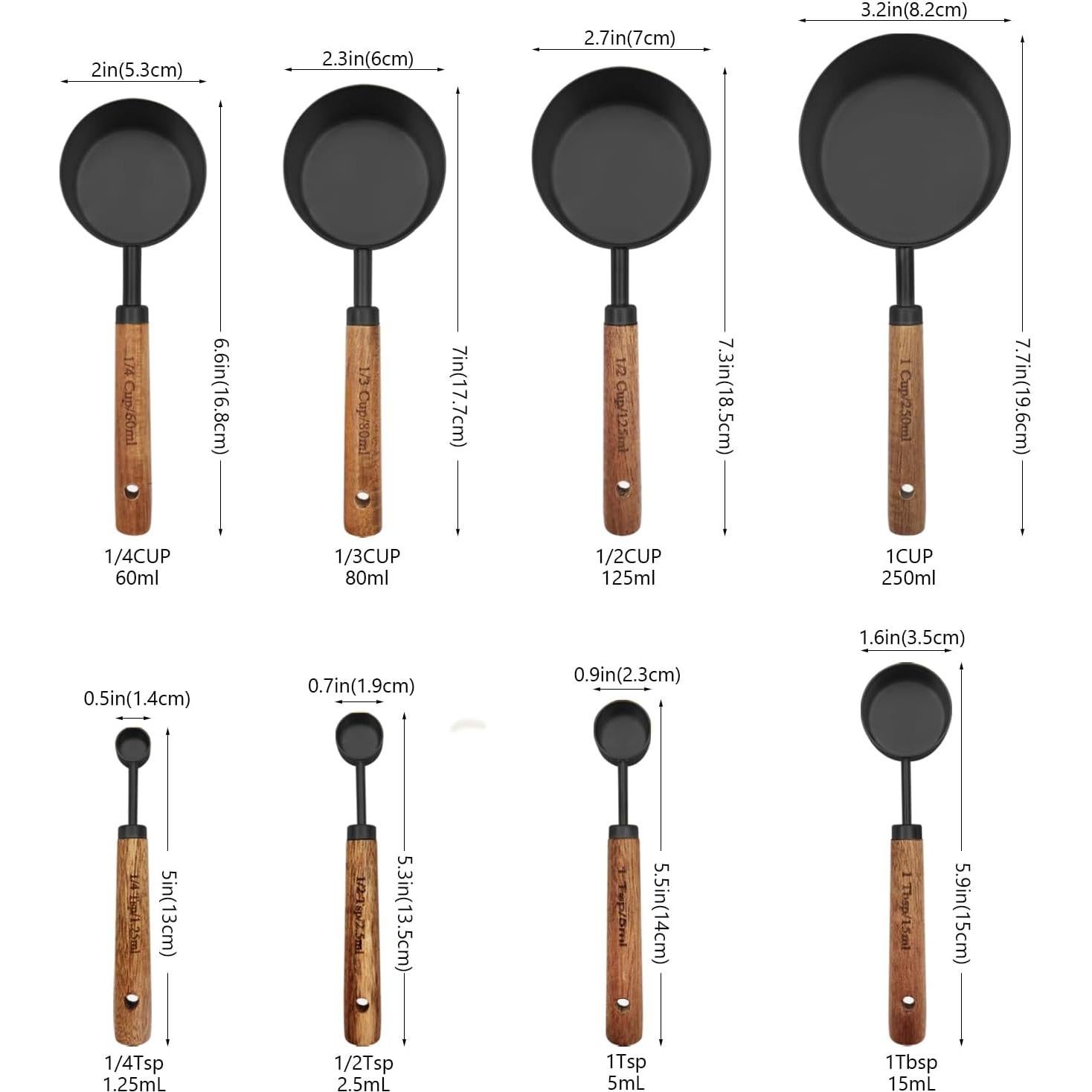 Juego de Tazas y Cucharas Medidoras Negras Zalaxt 8 Pcs