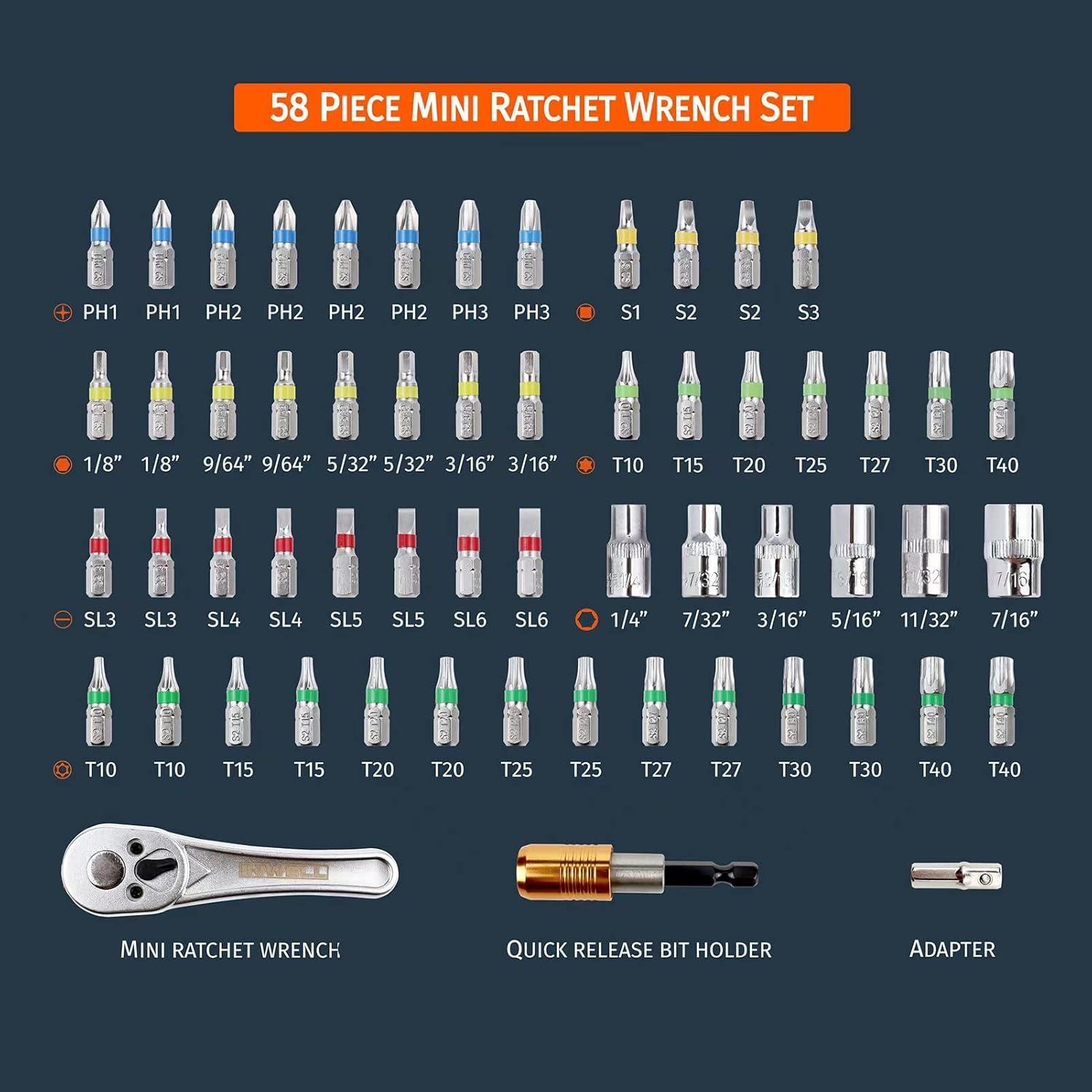 Juego de Llave de Carraca Mini Inwell 58 Piezas Compacto