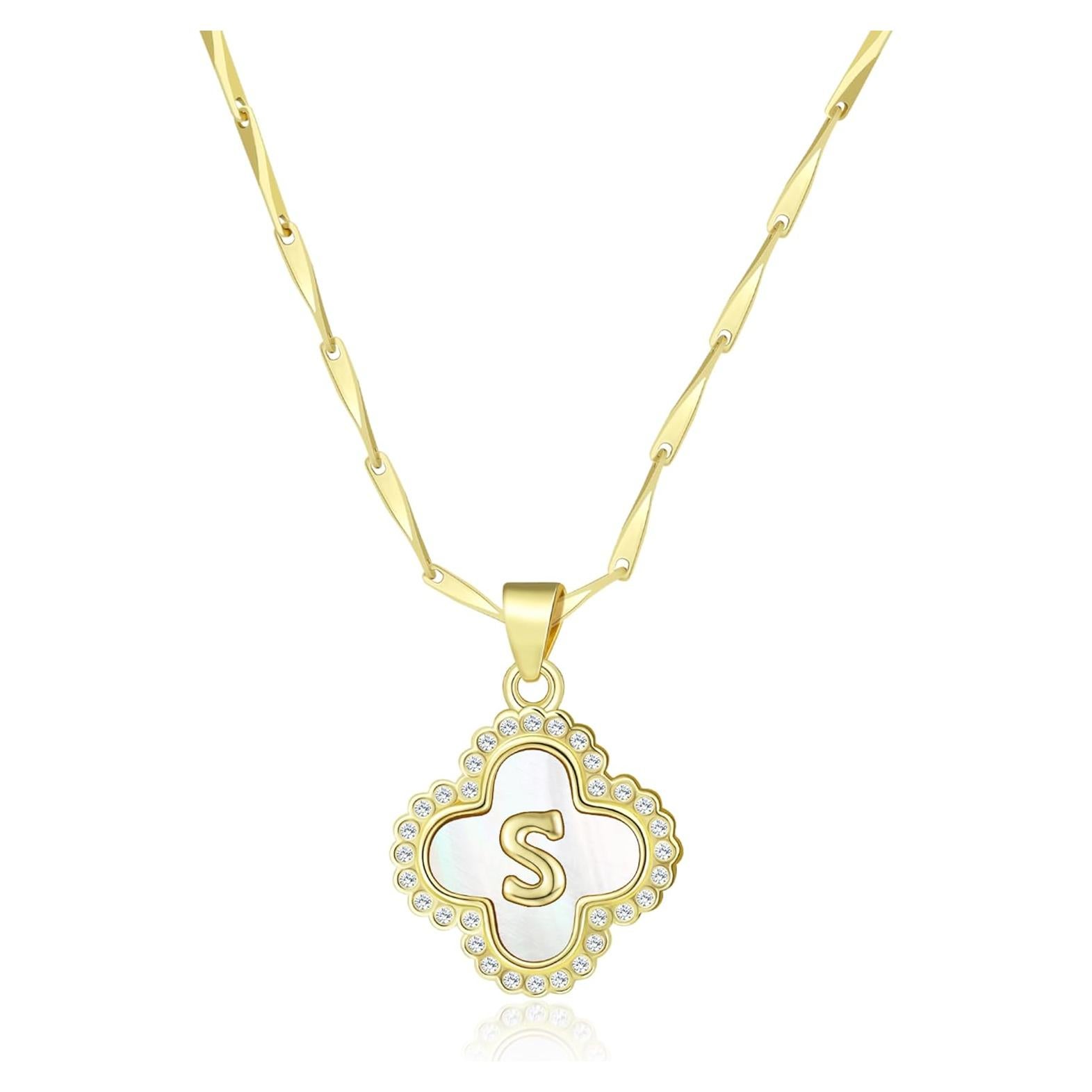 Collar de Inicial Letra S LETFLY con Trébol de 4 Hojas 14K