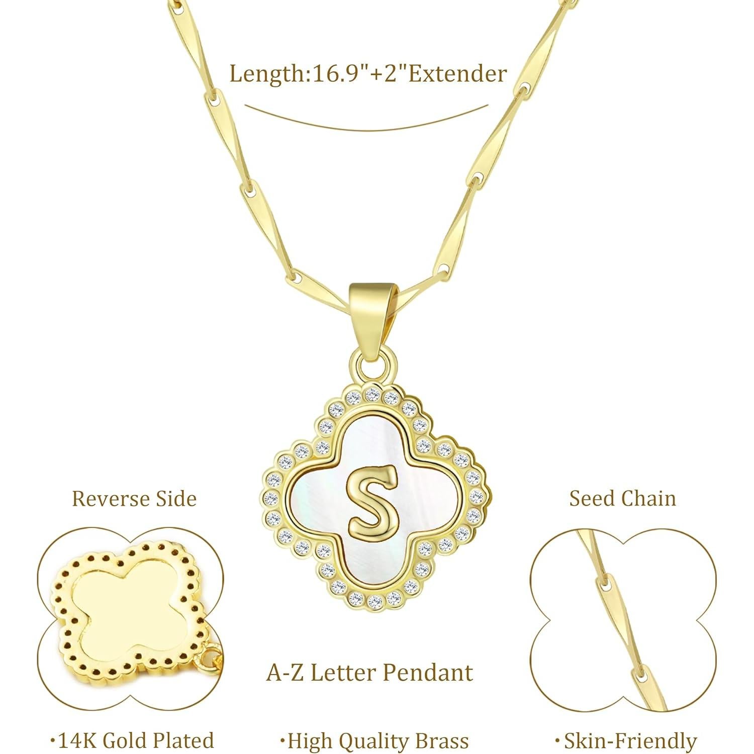 Collar de Inicial Letra S LETFLY con Trébol de 4 Hojas 14K