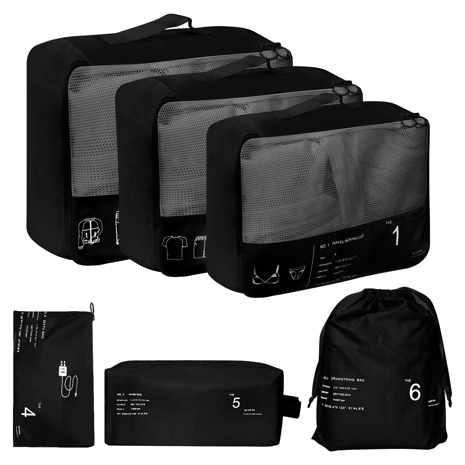 Set de 6 Cubos de Empaque PNEUICALLY Negro para Viaje