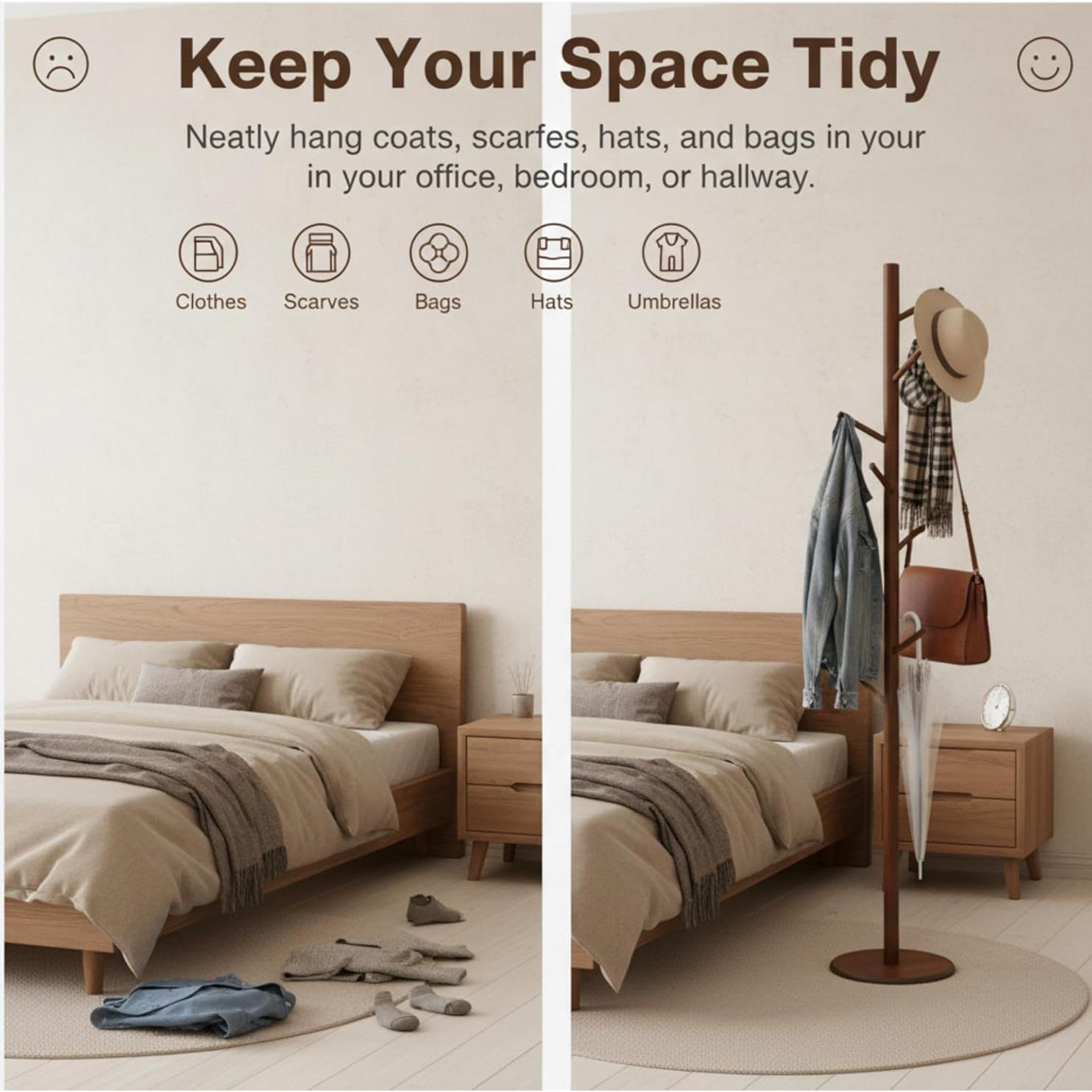 Perchero de Madera Sólida AV Connect con 8 Ganchos Ajustables