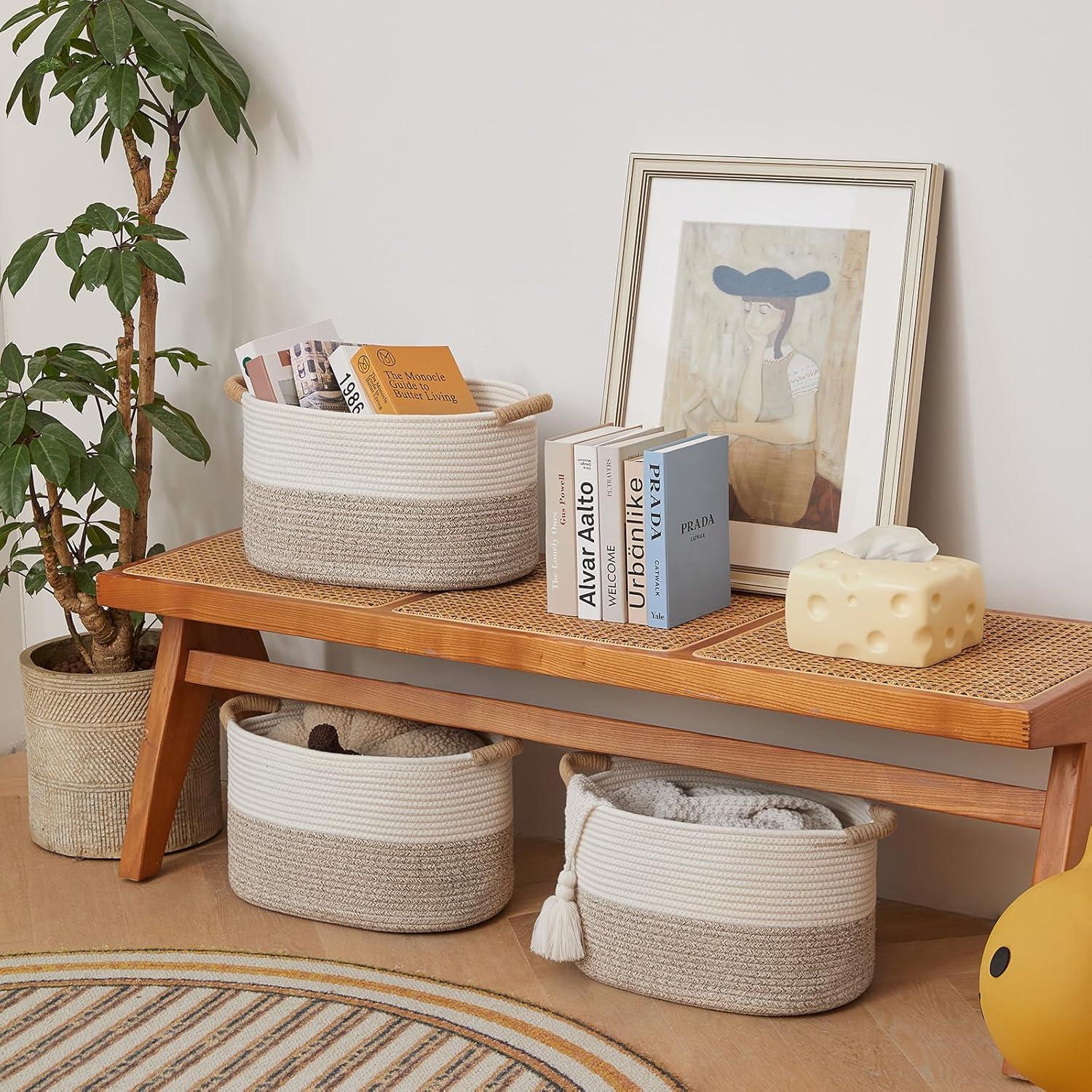 Cesta de Almacenamiento R RUNKA Algodón 38x26x23cm Beige/Blanco