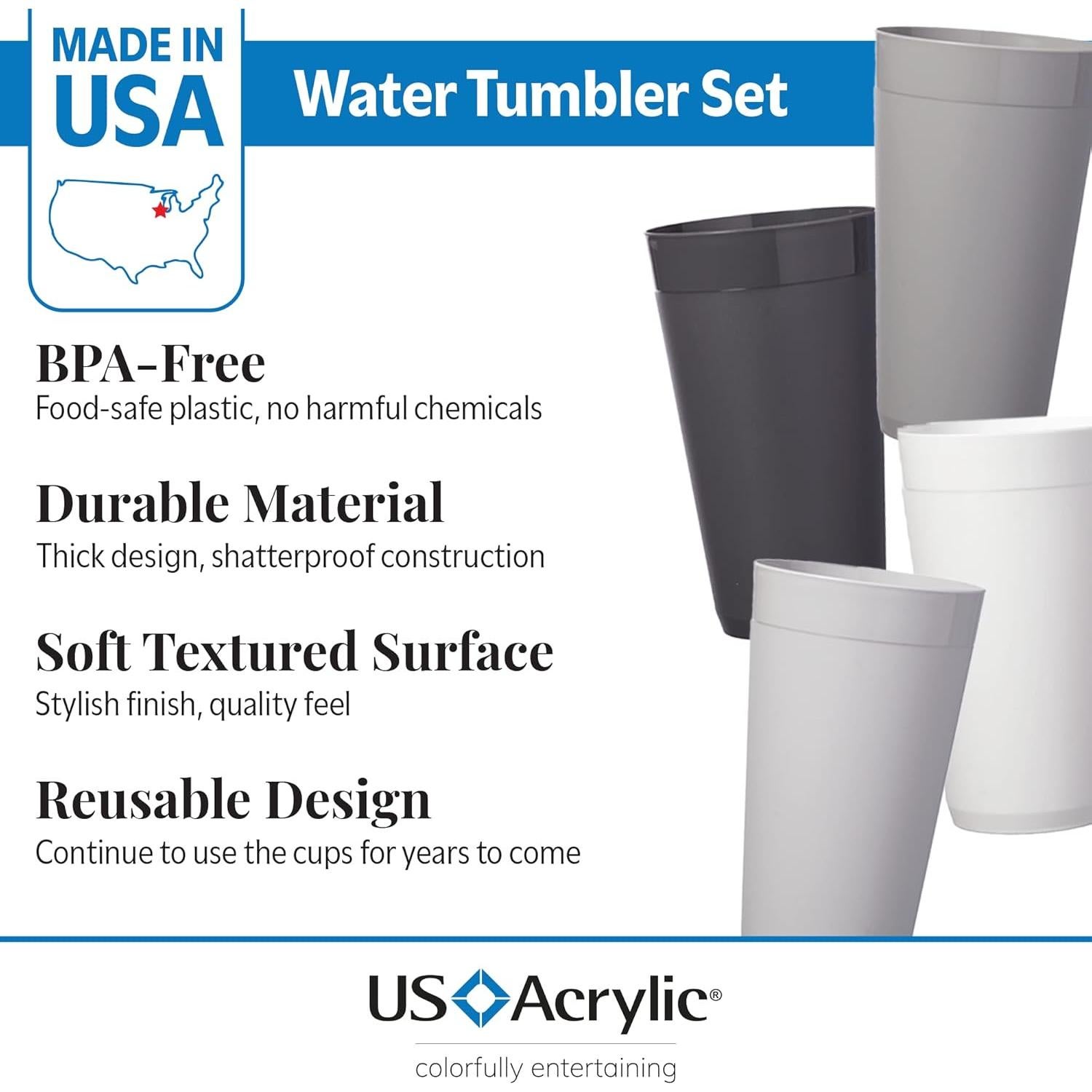 Vasos de Plástico US Acrylic 20 oz Set 12 Reutilizables Gris