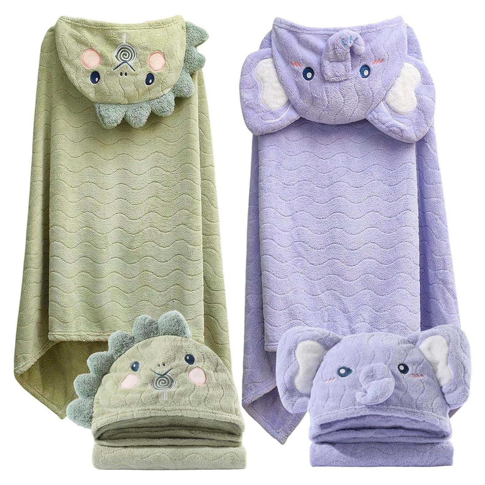 Toalla de Baño con Capucha KLHYIT 70x140 cm 2-Pack Dinosaurio + Elefante